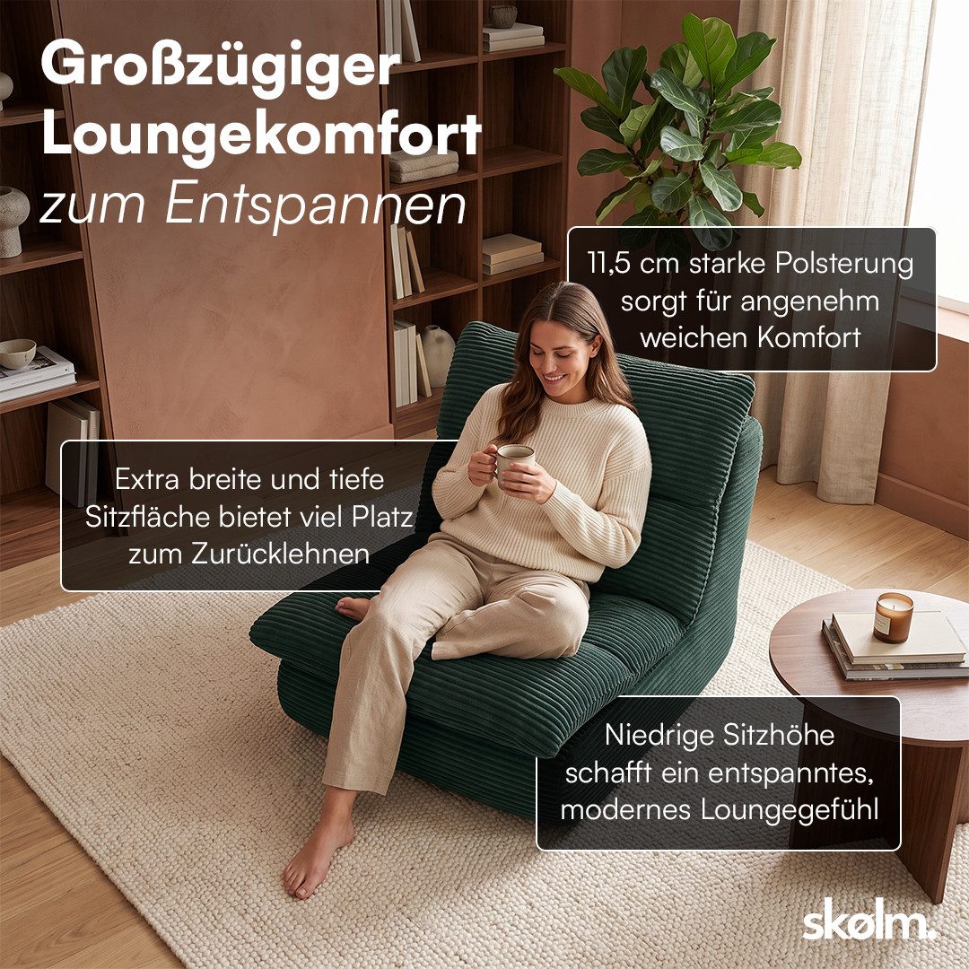 skølm Relaxsessel Sváfa aus Cord/Chenille, dick gepolsterter Vollschaumessel 11,5 cm (Cord, Dunkelgrün), vakuumiert – ohne Aufbau 