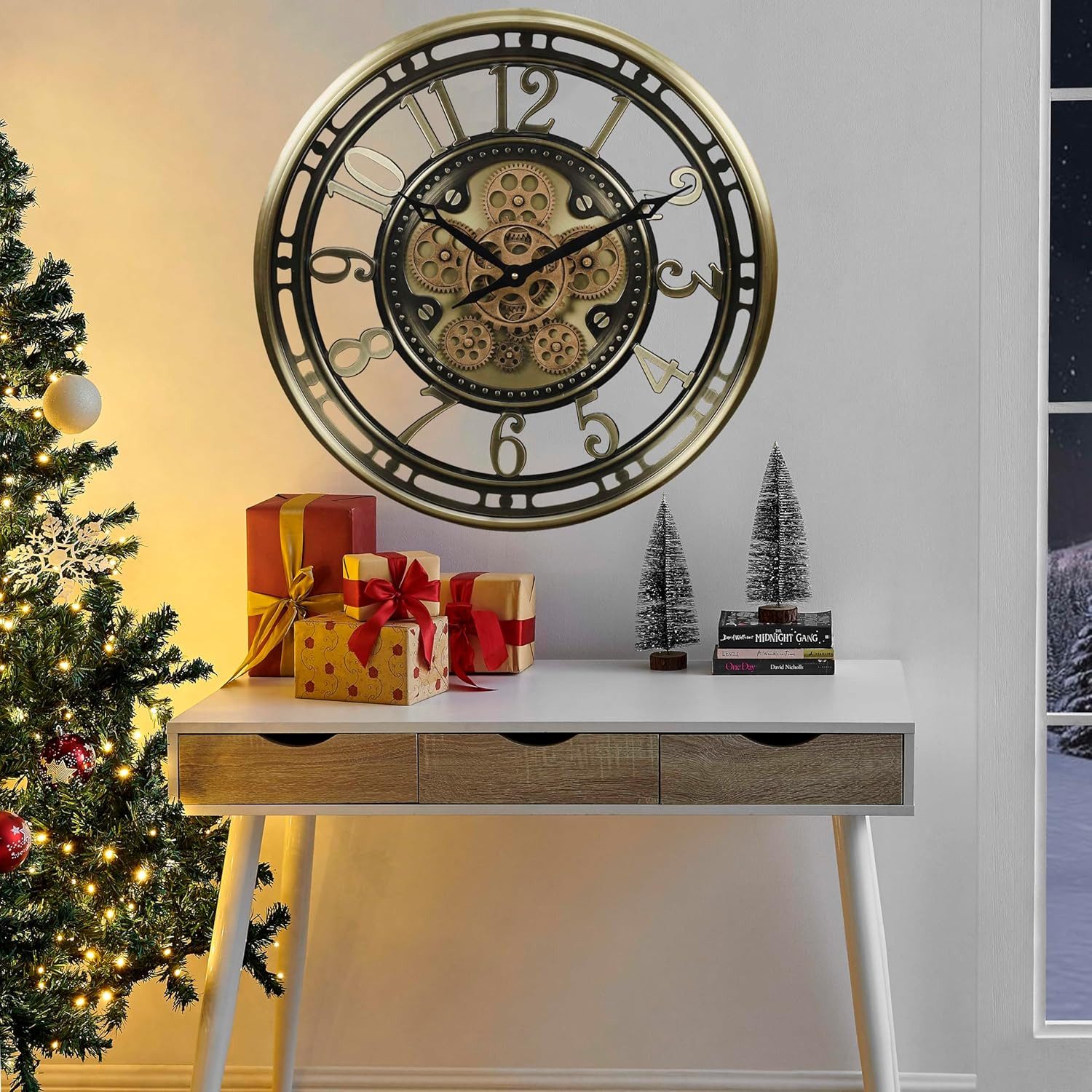 Samilito Uhr Wanduhr mit echtem Bewegungsgetriebe Zahnrädern in Gold