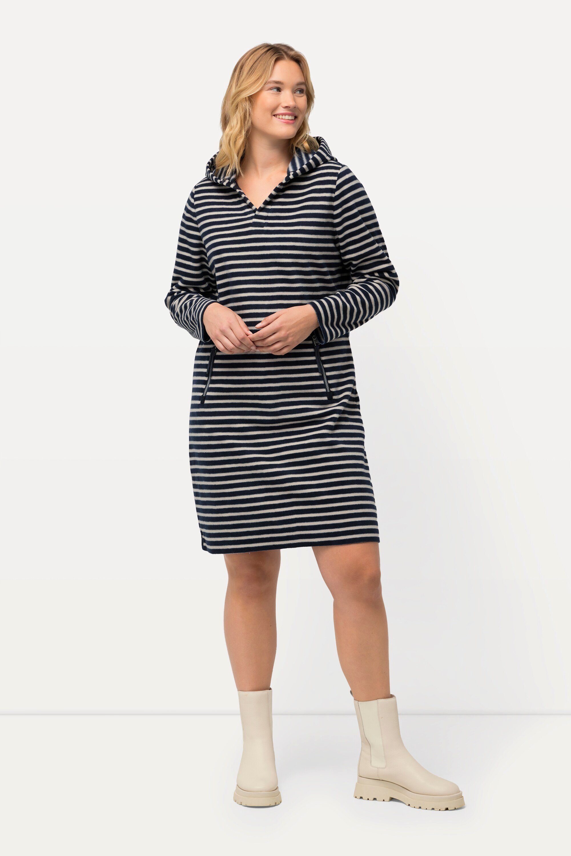 Midikleid Fleecekleid Ringel Kapuze V-Ausschnitt Langarm