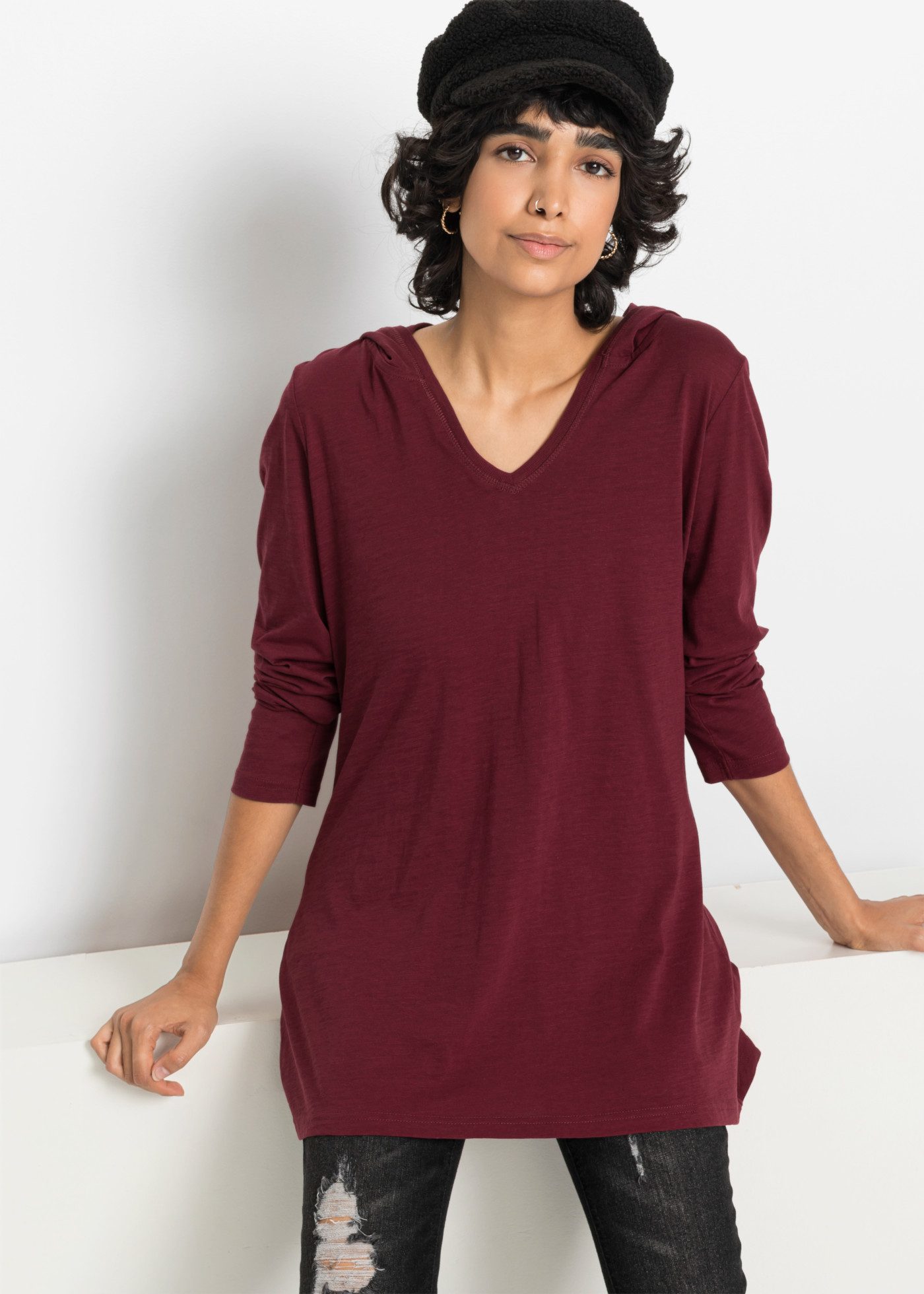 bonprix Longshirt mit Kapuze, A-Linien-Passform, aus Baumwolle