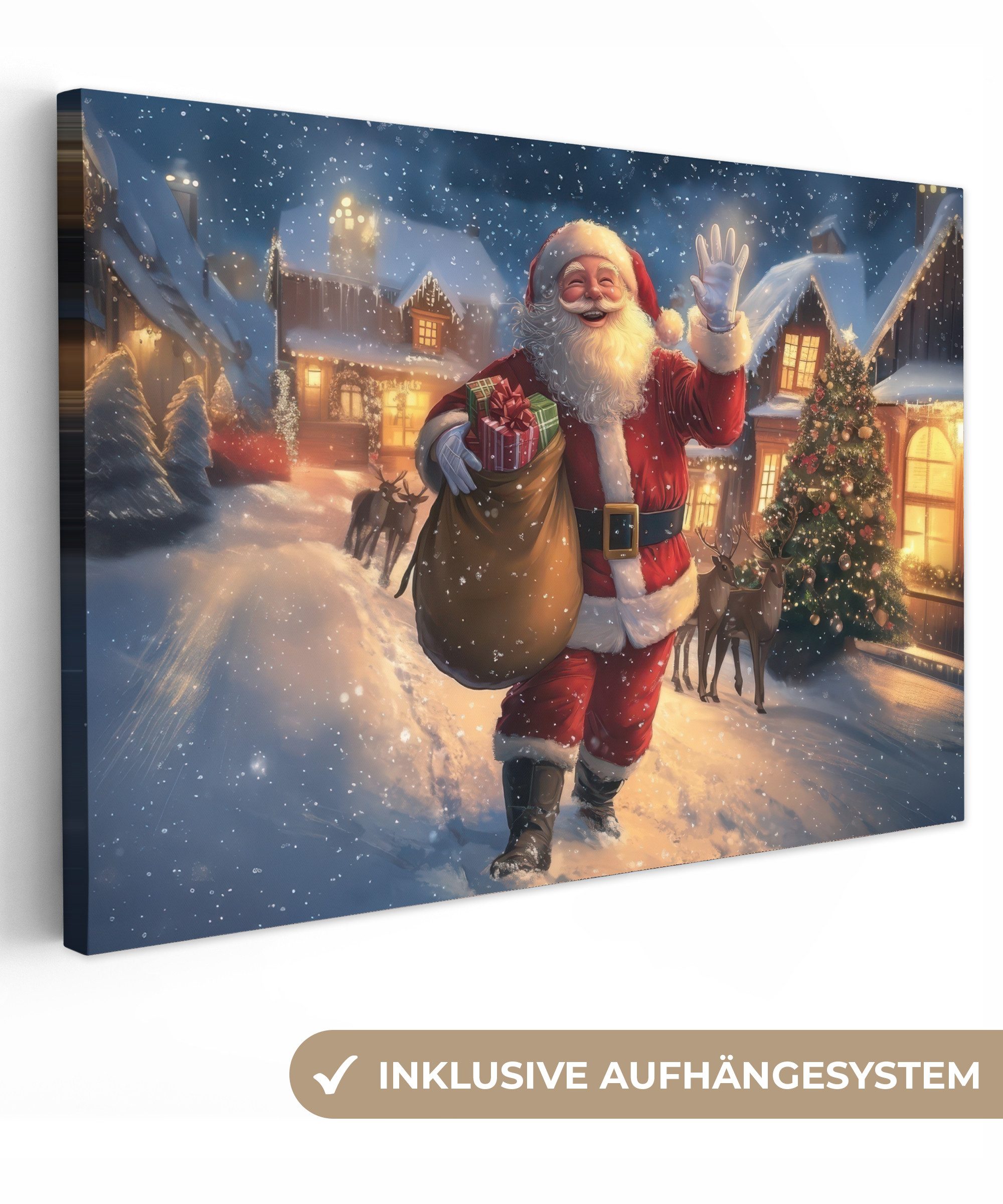 OneMillionCanvasses® Leinwandbild Weihnachtsmann - Dorf - Hirsche - Dunkelh günstig online kaufen