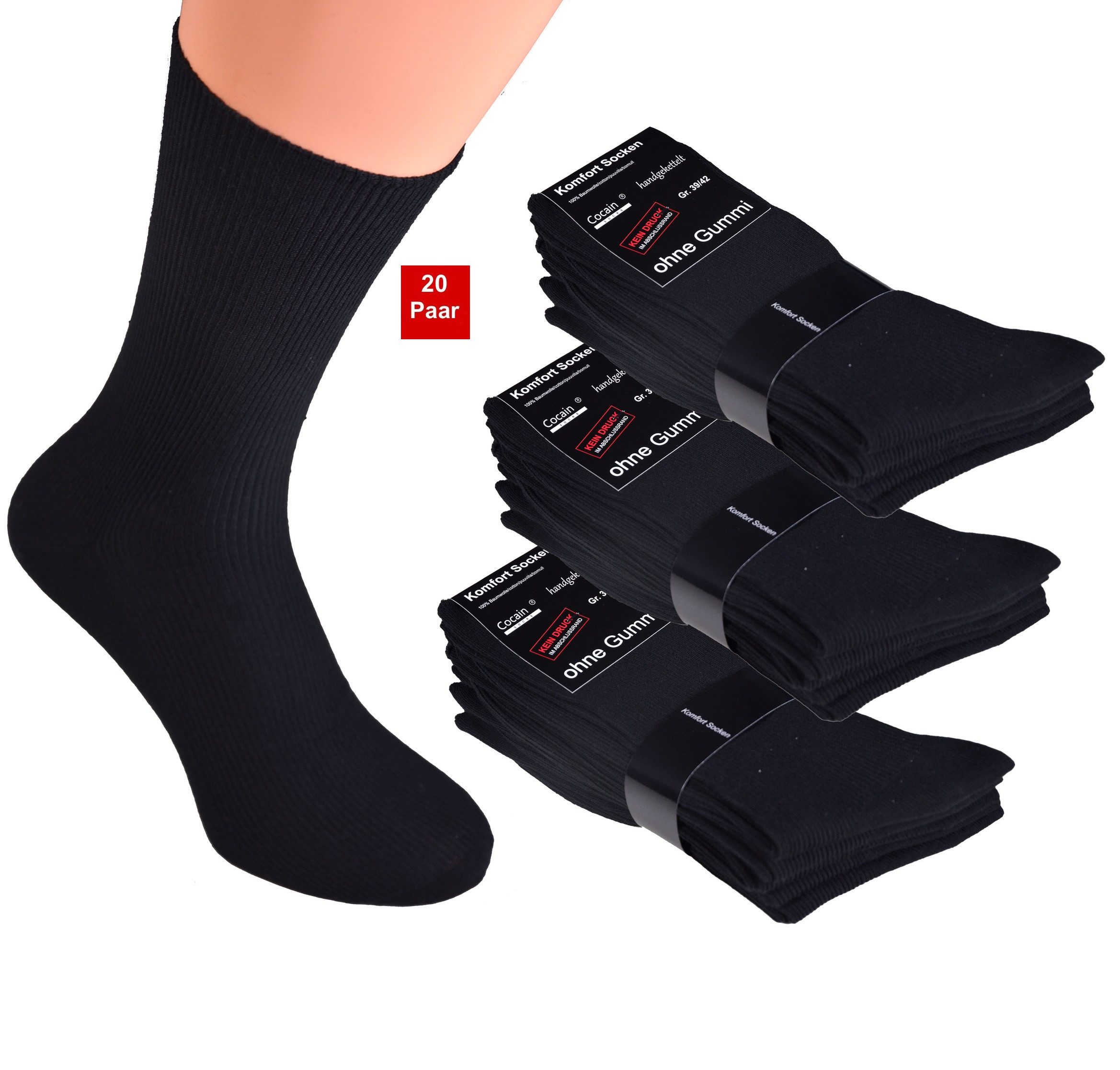 Businesssocken 20 Paar Damen Herren Diabetiker Baumwolle Socken schwarz ohne Gummi