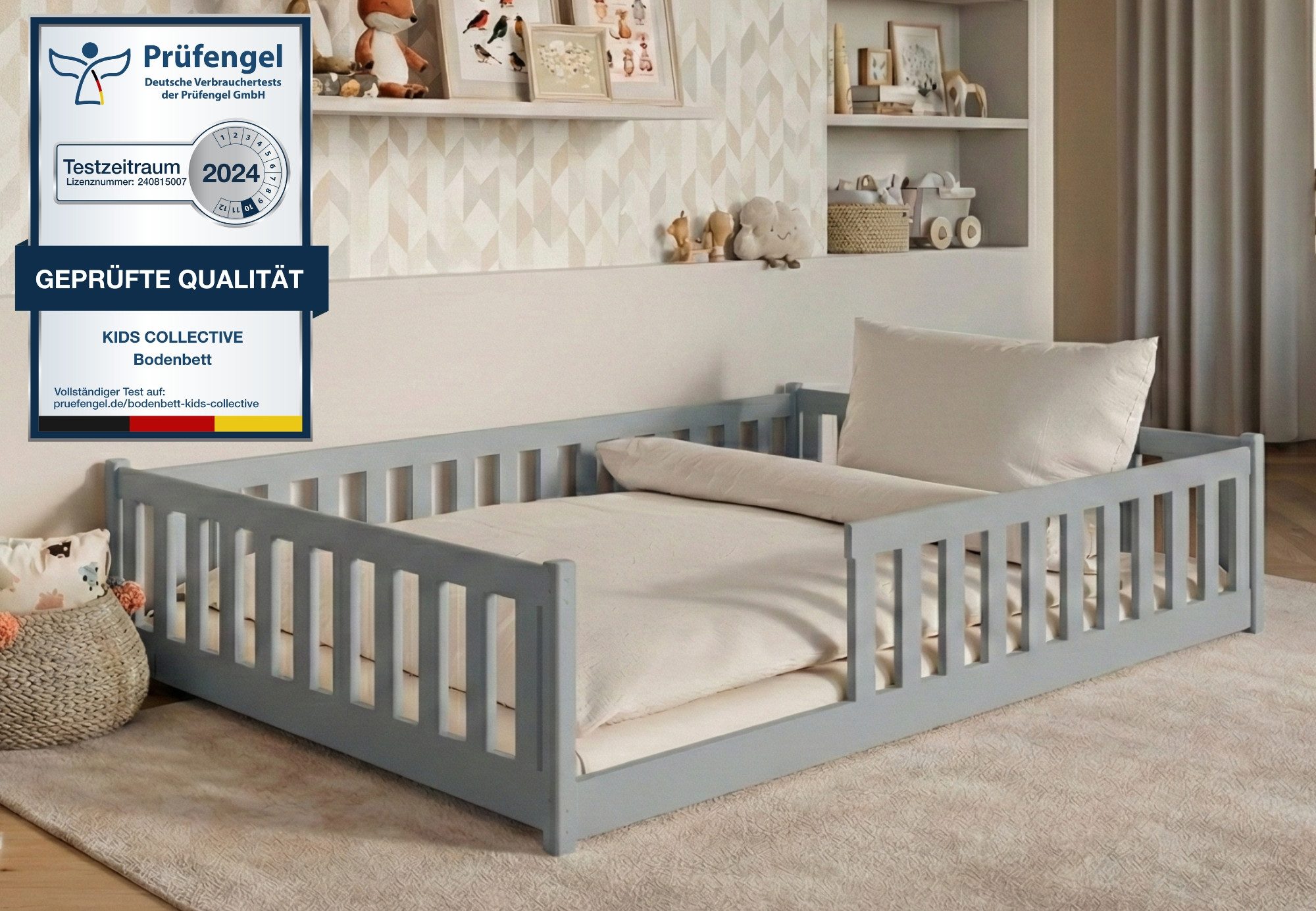 Kids Collective Kinderbett Bodenbett Bett mit Rausfallschutz & Lattenrost Montessori Bett Kinder (Jungen, Mädchen, Kinder, weitere Größen 80x160, 80x180, 90x190, 90x200, 120x200 cm), Jugendbett Gitterbett Einzelbett, Aschgrau Kiefer 140x200 cm