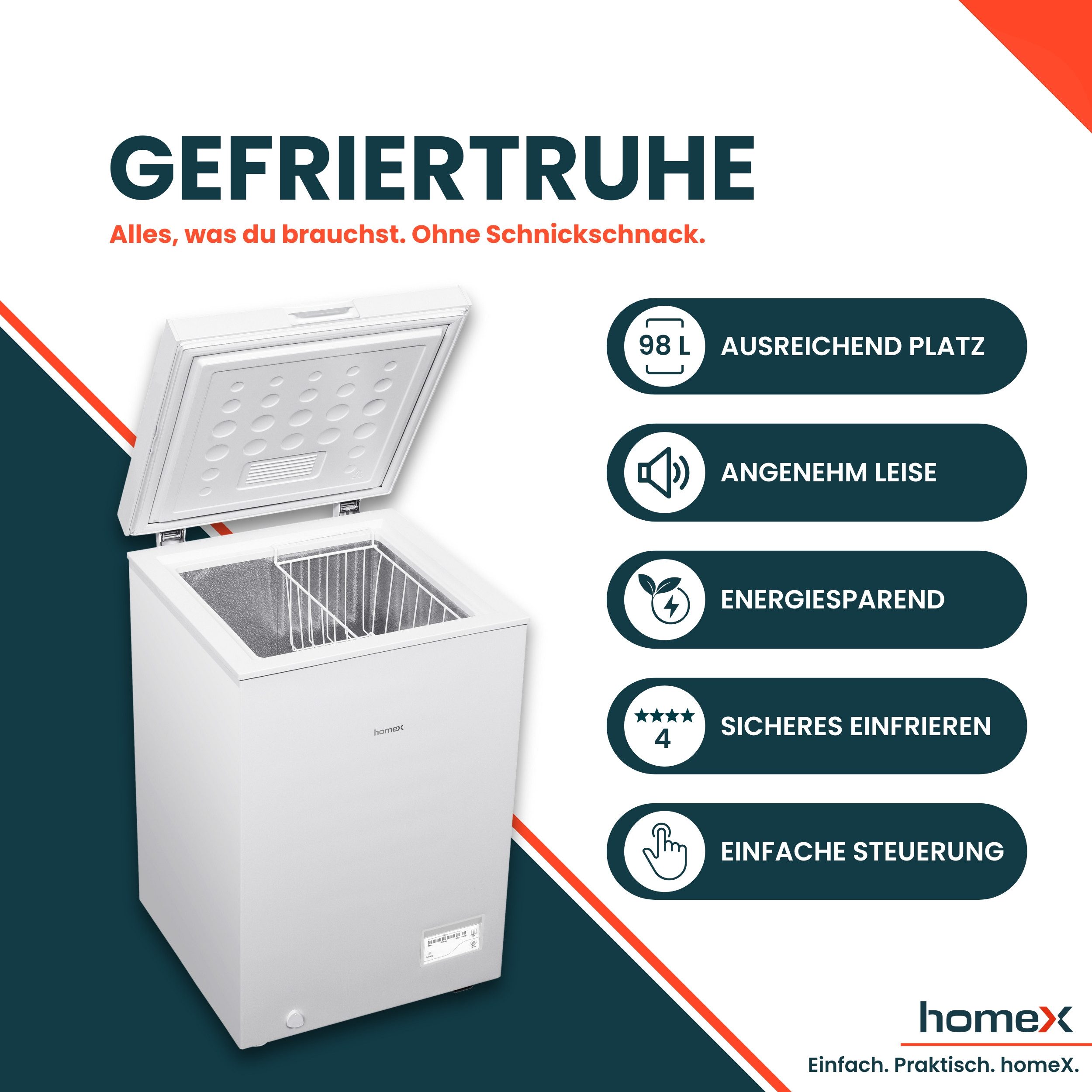 homeX Gefriertruhe FT1020-W, 54.5 cm breit, 98 l, Tiefkühltruhe klein, 98 Liter Nutzinhalt, Super-Frost-Funktion, weiß