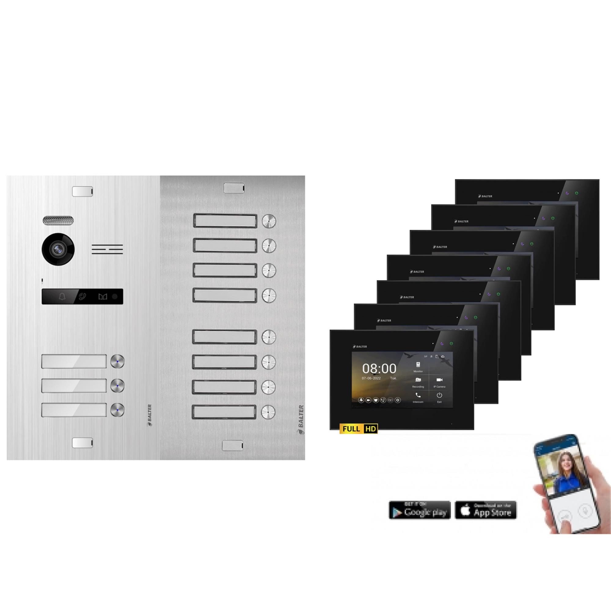 Balter Video-Türsprechanlage BALTER HD WLAN Türsprechanlage EVO 11-Familienhaus Silber Schwarz (Set, 11-Familienhaus, Komplettset, Full HD 175° Kamera, App-Steuerung)