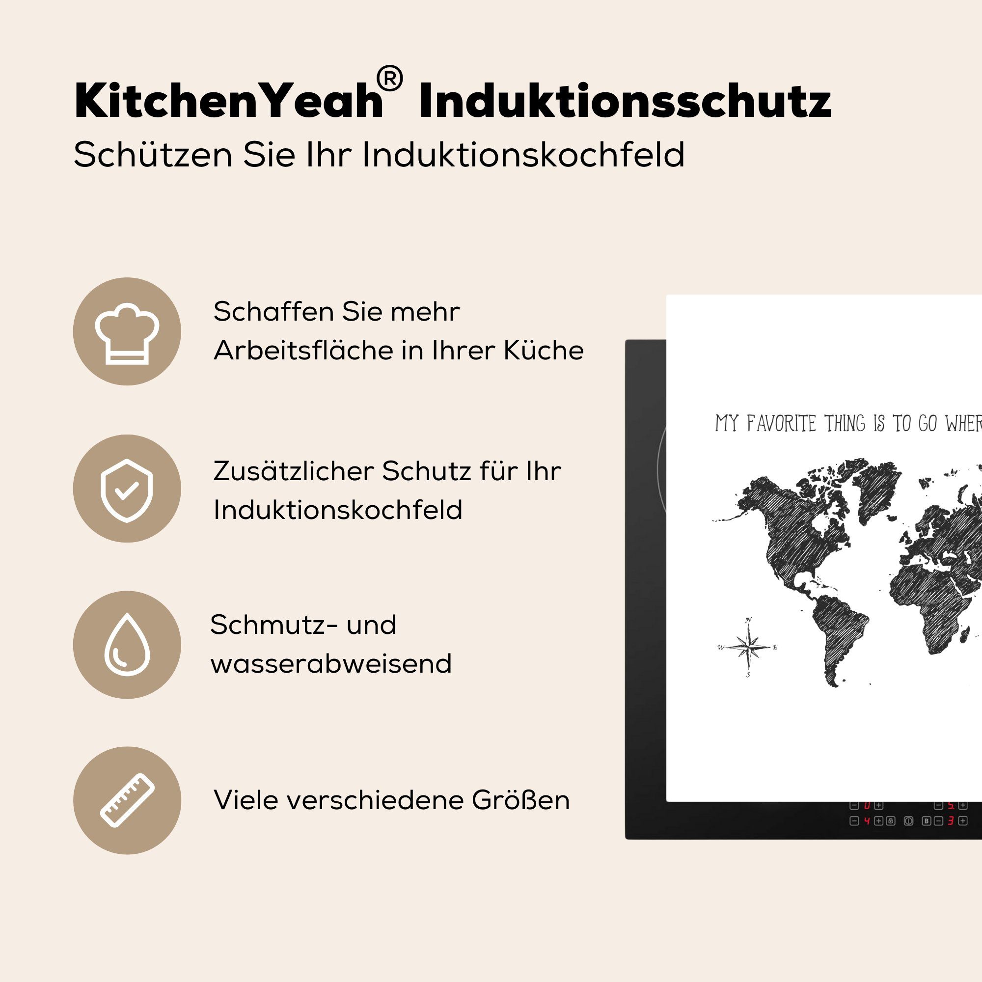 Weltkarte - MuchoWow Herdblende-/Abdeckplatte küche tlg), Arbeitsplatte - Vinyl, Schwarz Ceranfeldabdeckung, (1 weiß Zitat, für 78x78 und cm,