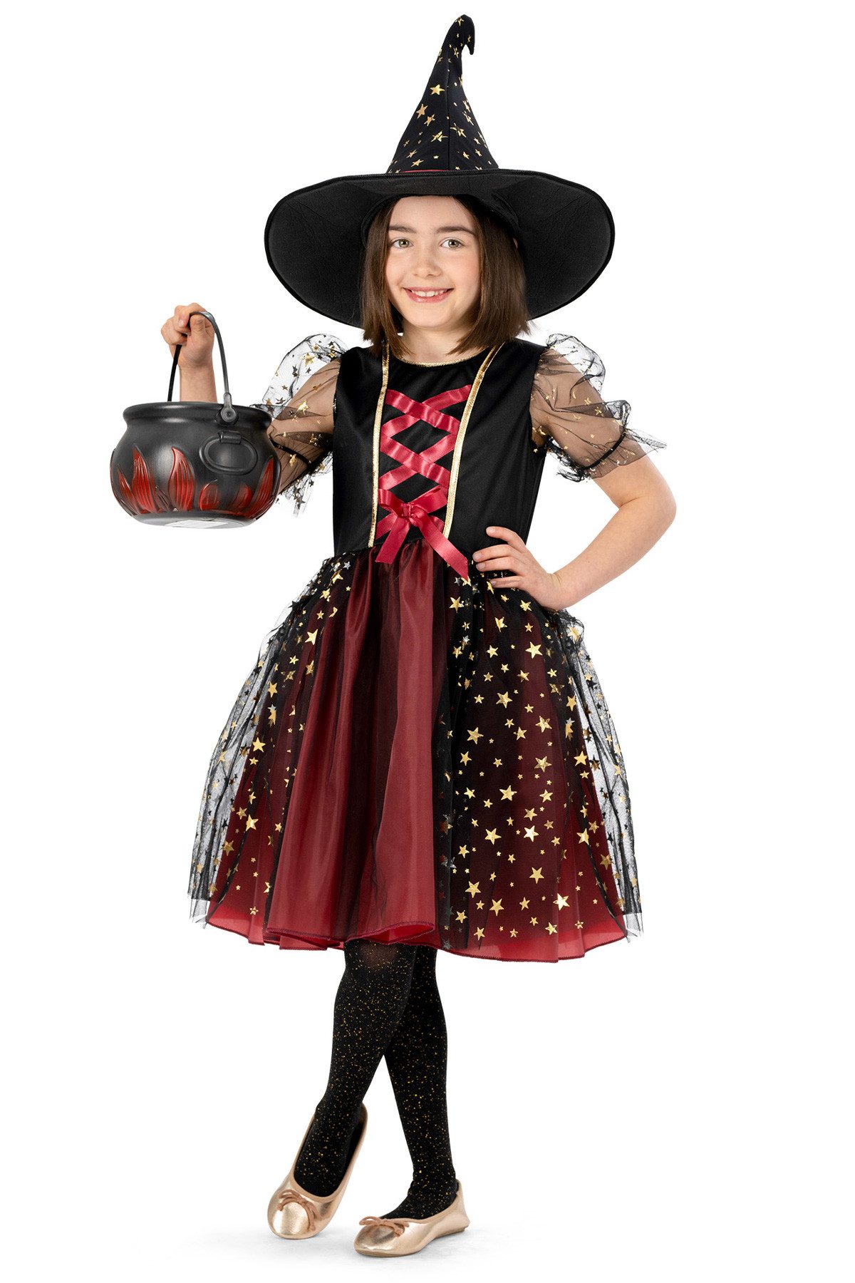 Funny Fashion Hexen-Kostüm Hexenkostüm 'Gloria' für Mädchen, Schwarz Rot