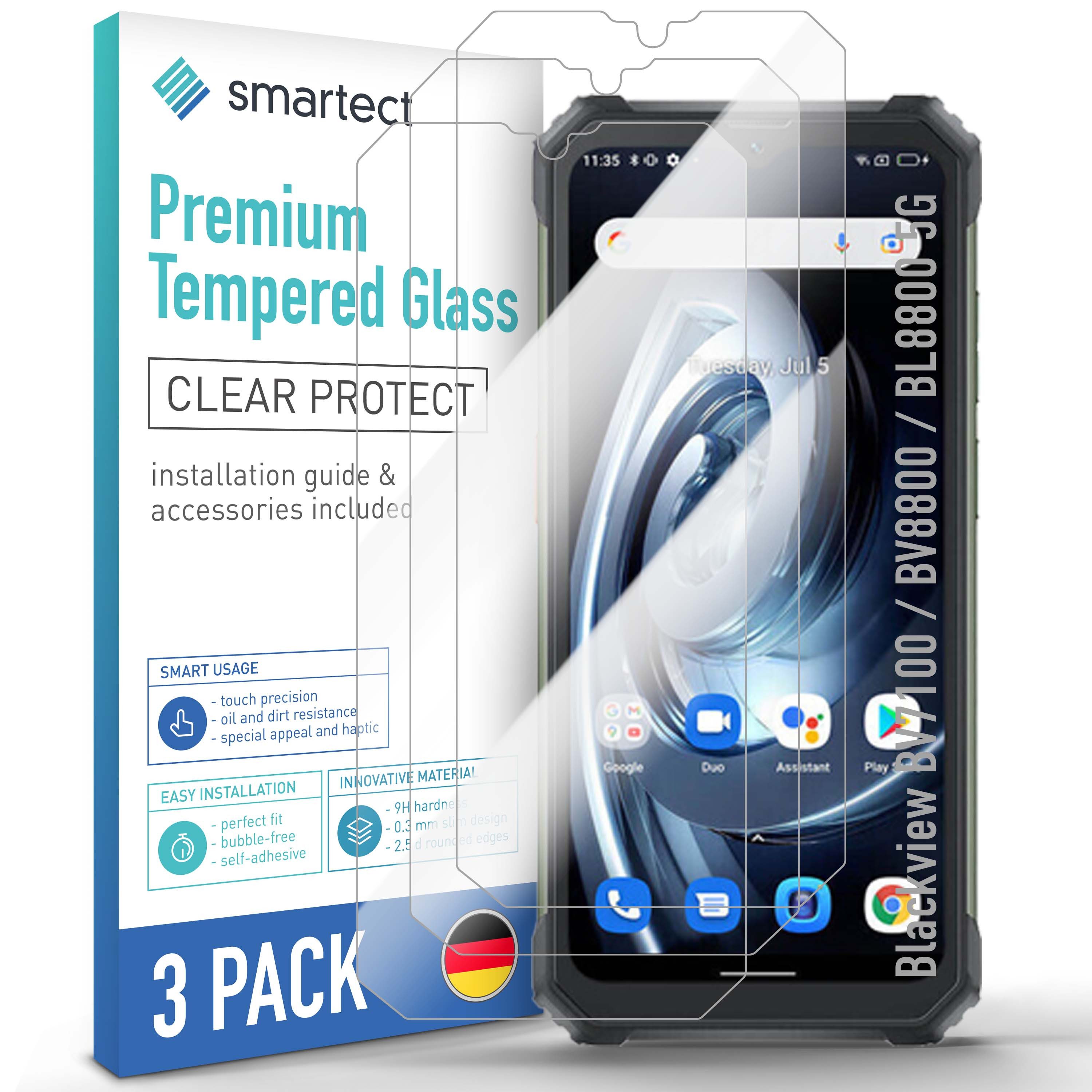 smartect Displayschutzglas Schutzglas Panzerfolie Klar für Blackview BV7100/BV8800/BL8800 5G/BL8800 Pro, Set, 3 Stück, Schutzfolie Glasschutz