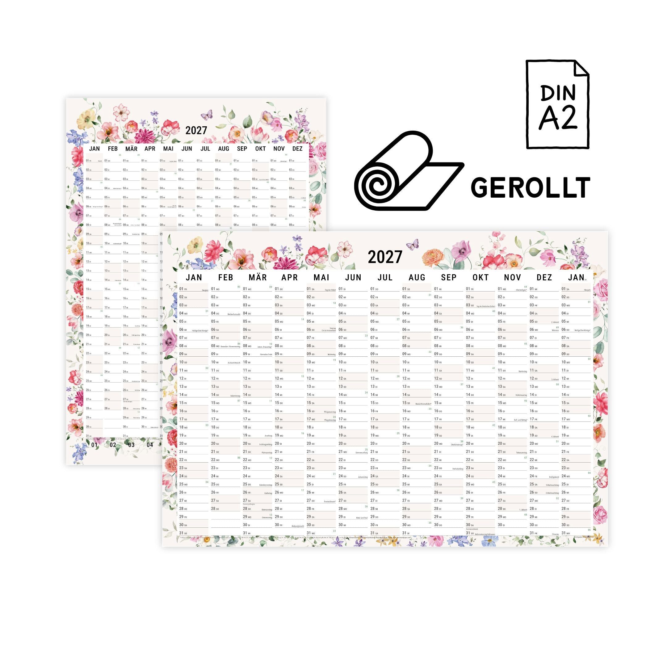 heaven+paper Jahresplaner Wandplaner DIN A2 Wildblumen 2027, floraler Jahresplaner beidseitig, Hergestellt in Deutschland