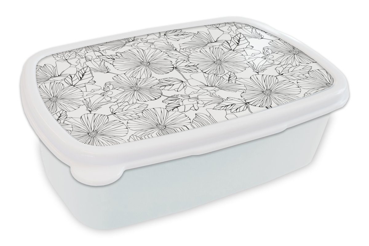 MuchoWow Lunchbox Blumen - Schwarz - Weiß - Design - Flora, Kunststoff, (2-tlg), Brotbox für Kinder und Erwachsene, Brotdose, für Jungs und Mädchen
