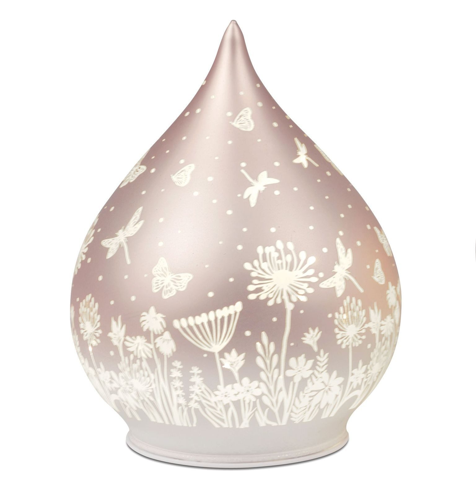 formano LED Dekolicht Deko Tropfen Glas Peach Rosa 15cm matte Glasleuchte mit Blumen-Dekor, LED fest integriert