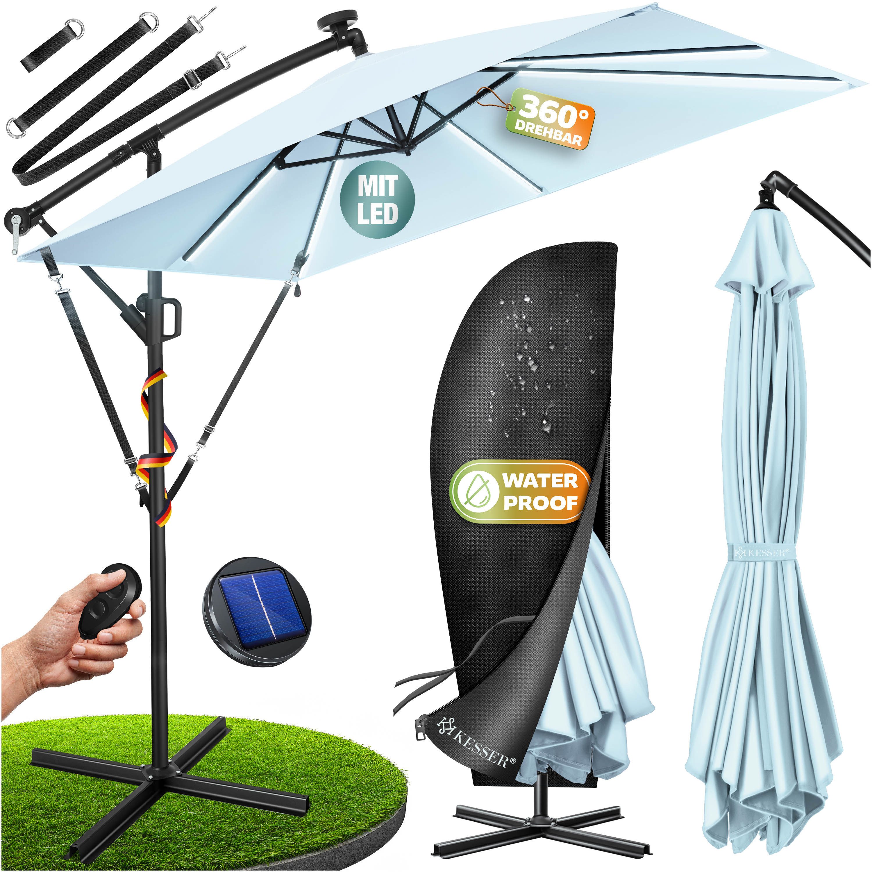KESSER Ampelschirm, Ø350cm Sonnenschirm inkl. Abdeckung & Wind- & wetterfest
