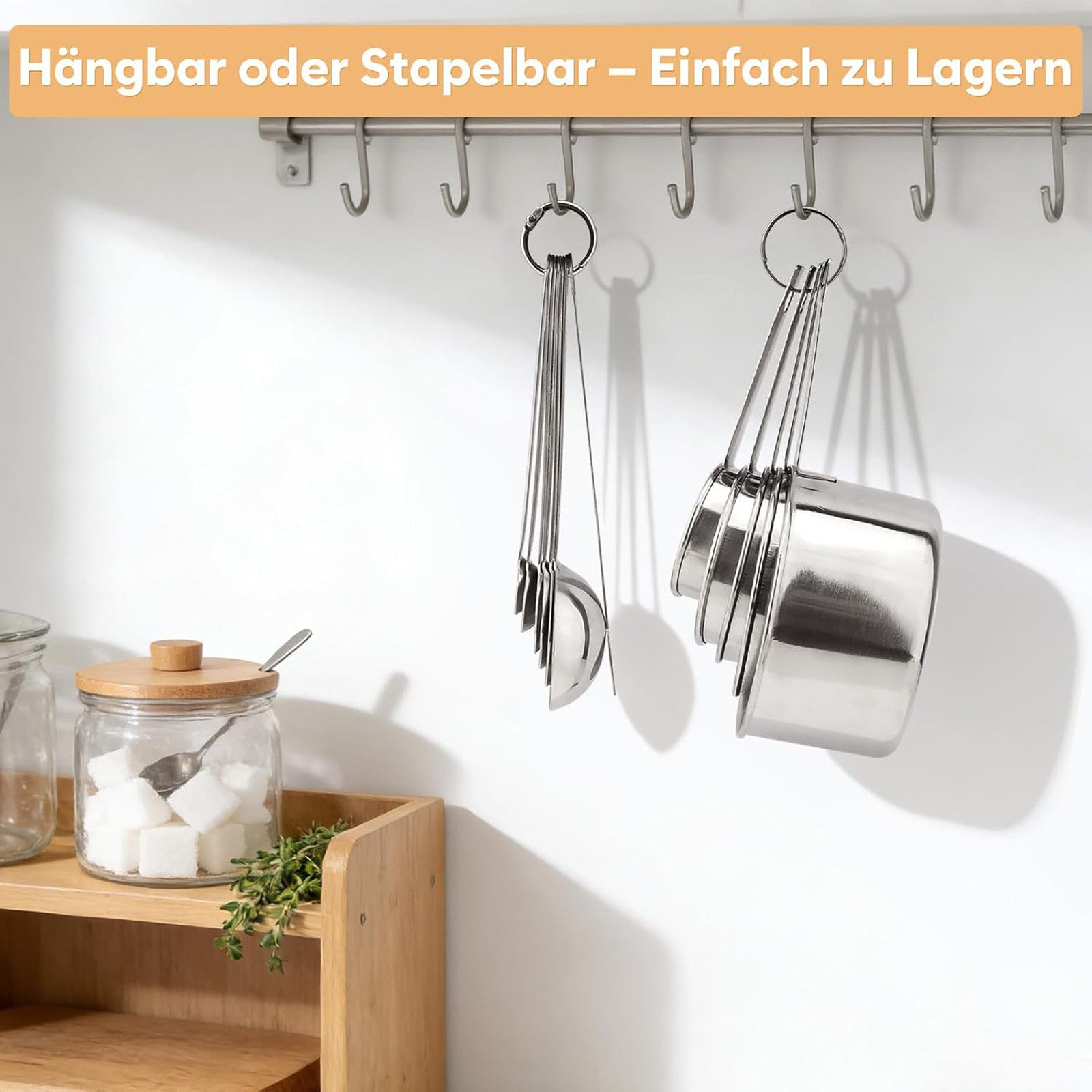 SURFOU Messbecher Messlöffel Messbecher und Löffel Edelstahl 13 Set, Edelstahl, 5 Messbecher, 6 Messlöffel, Messlineal, dosierlöffel Clip