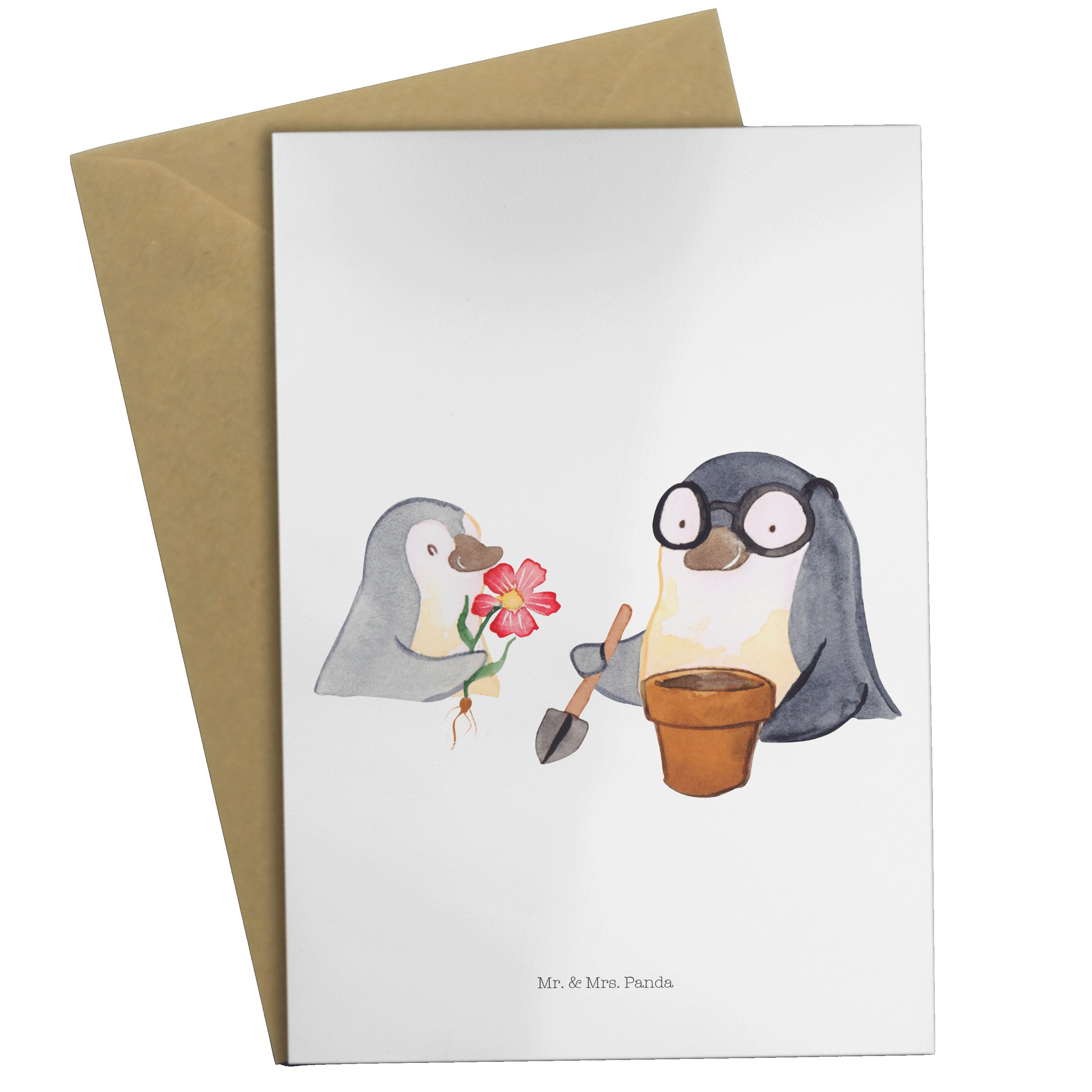 Mr. & Mrs. Panda Grußkarte Pinguin Opa Blumen pflanzen - Weiß - Geschenk, Opi, Glückwunschkarte