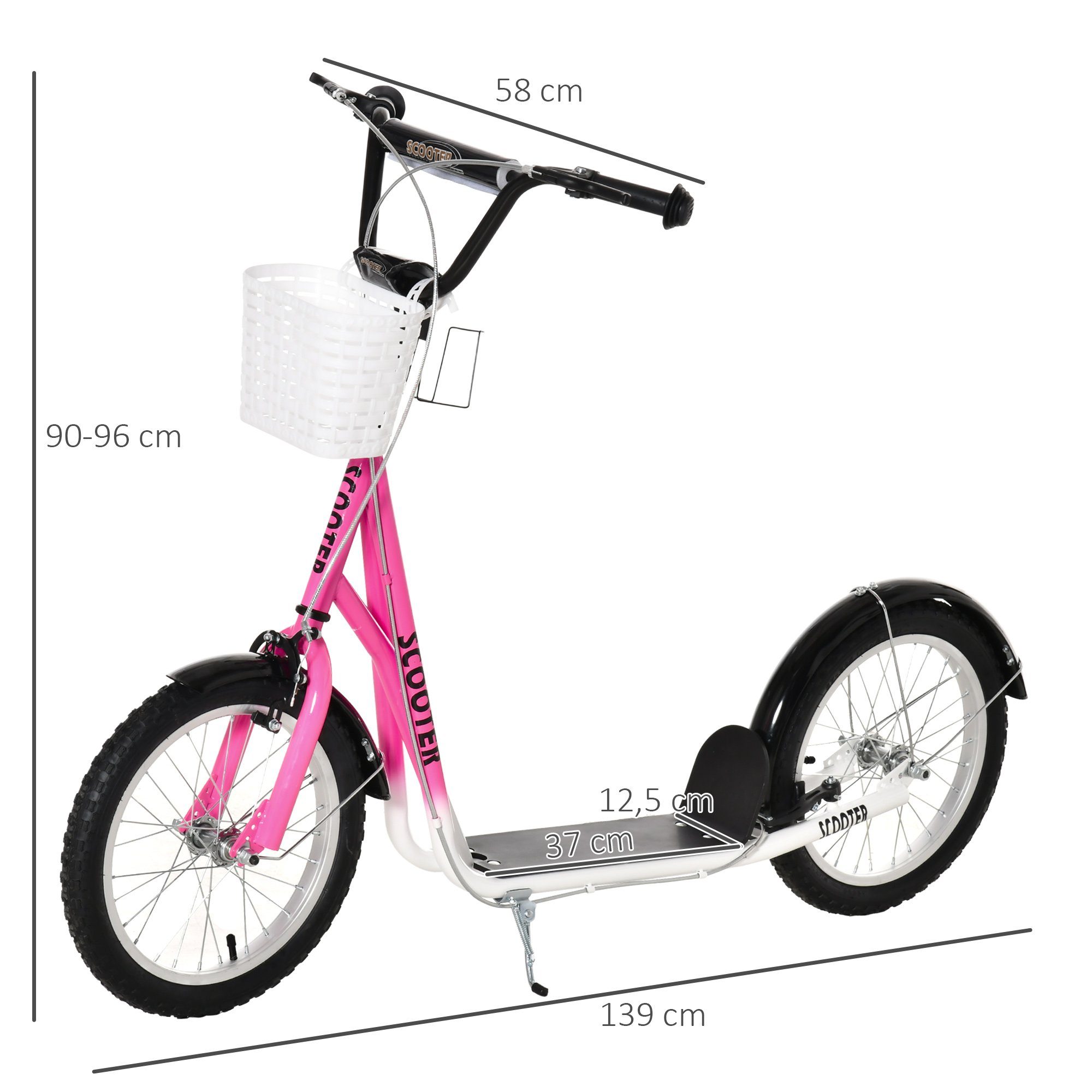 HOMCOM Cityroller Kickscooter inkl. Korb, höhenverstellbar, für Kinder 5-12 Jahren, 1 km/h, (Roller, 1 tlg., Kickscooter), für 5-12 Kinder, Rosa+Schwarz