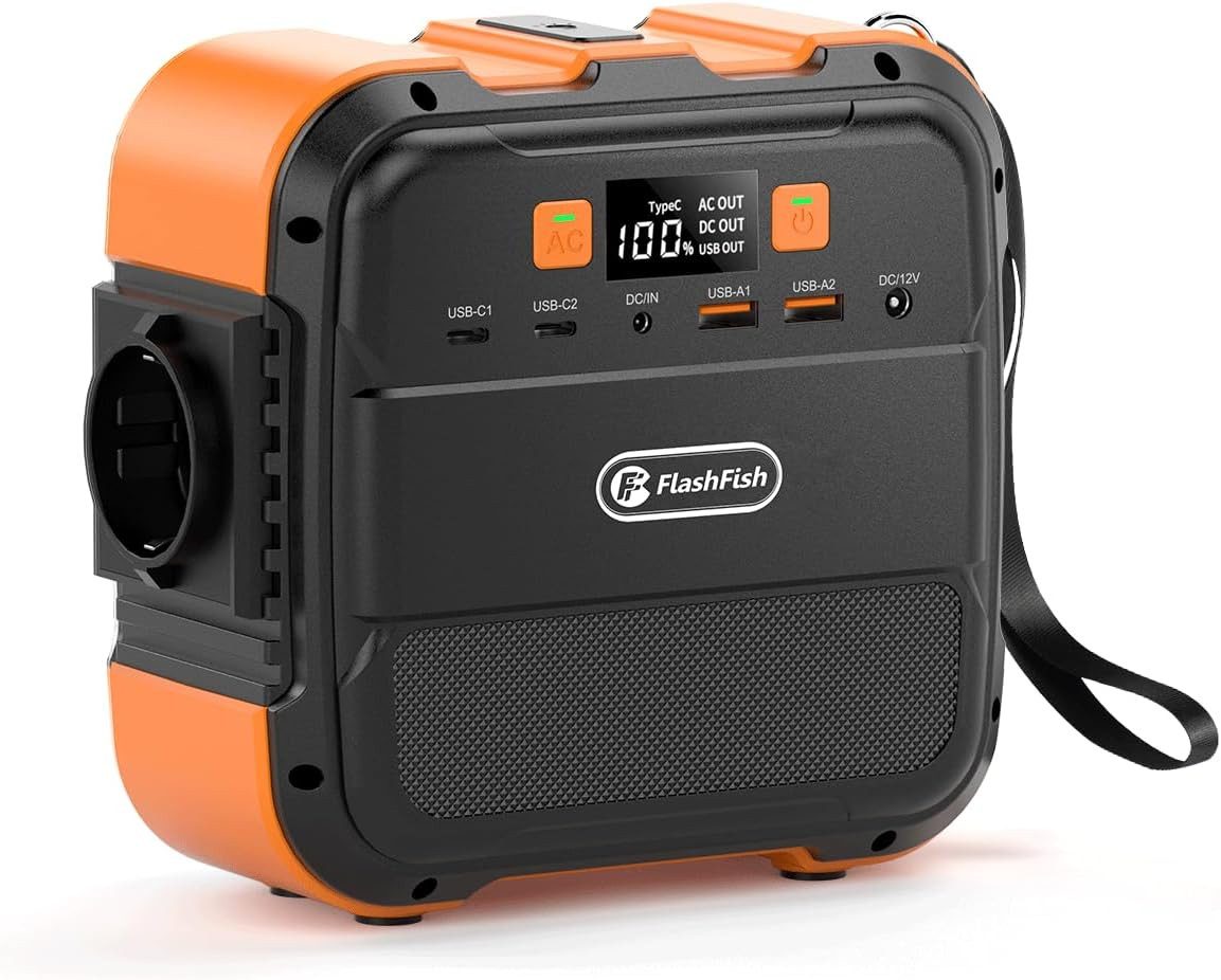 Flashfish Stromerzeuger Powerstation 98Wh 120W Solargenerator Akku mit 230V AC Powerban, 0,12 in kW, (1-tlg), mit LCD-Anzeige, 6 Anschlüsse