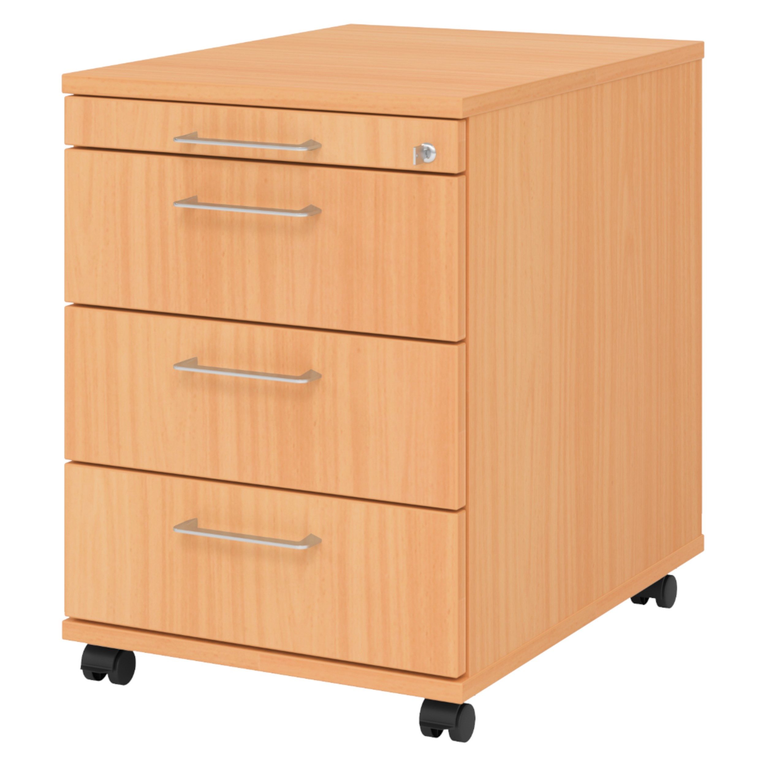 bümö Rollcontainer office Bürocontainer - 3 Materialschubladen, Dekor: Buche mit Bügelgriff (Metall)