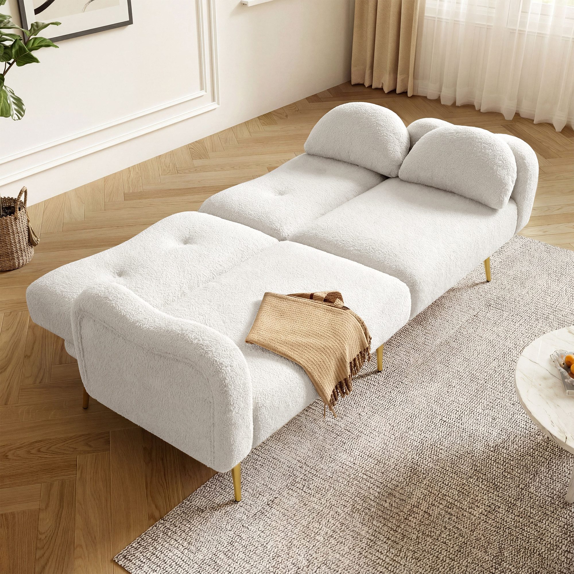 Merax Schlafsofa Bettsofa Klappsofa mit Wolkenform & Schlaffunktion, Couch Gästebett, 175x79x82cm 1 Teile, Sofa mit 3-fach verstellbarer Rückenlehne,6 Metallfüße,Lammwolloptik