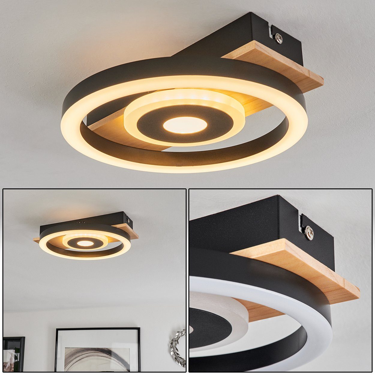 hofstein Deckenleuchte »Colognola« Deckenlampe aus Metall/Holz/Kunststoff,  Schwarz/Natur/Weiß, 3000 Kelvin, runde Leuchte (20cm) mit Balken aus  Echtholz, 1100 Lumen, LED 12 Watt