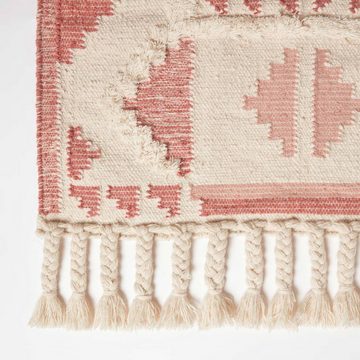 Wollteppich Handgewebter Kelim Teppich Satara – 90 x 150 cm, rosa gemustert, Homescapes, Höhe: 20 mm