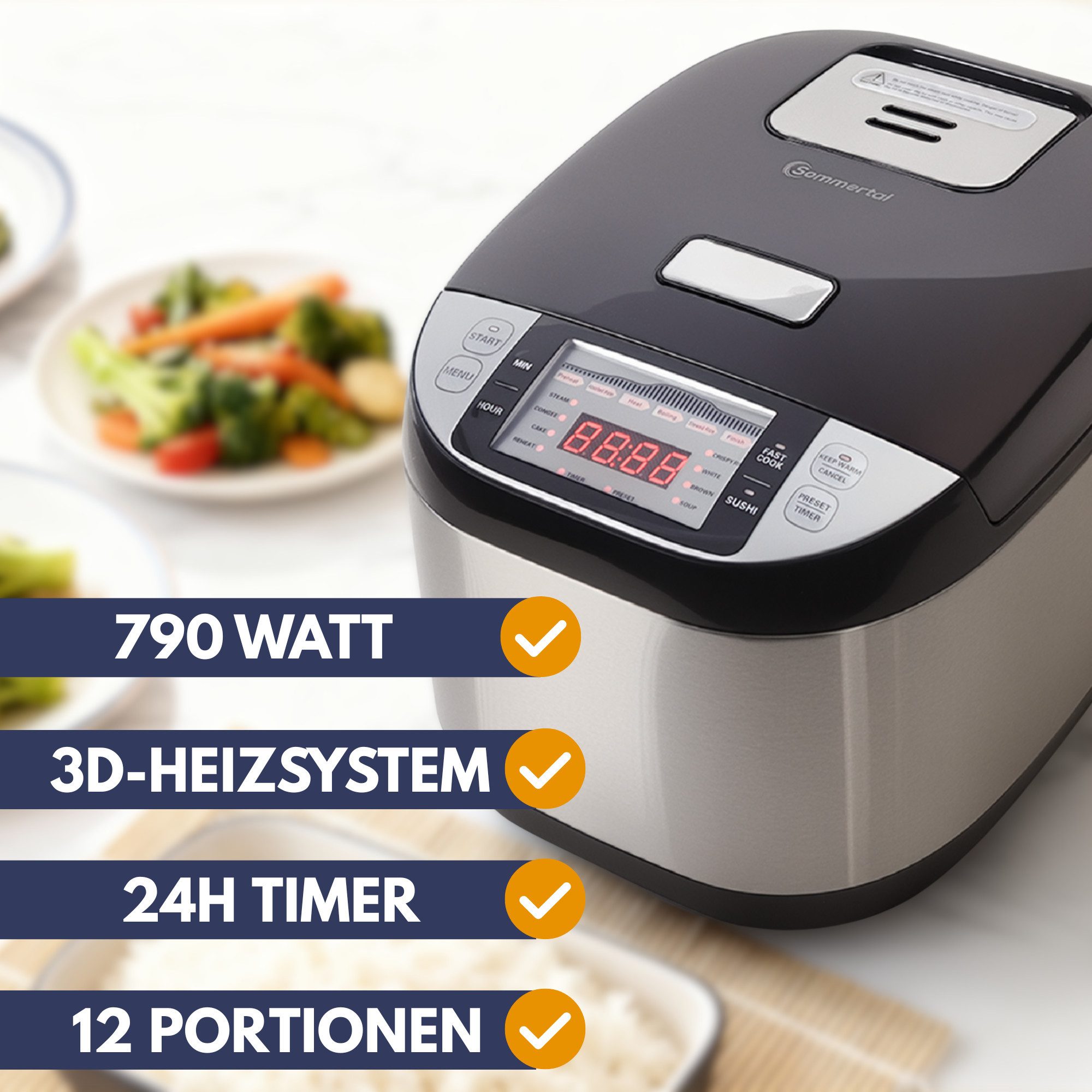 Sommertal Reiskocher Sommertal Reiskocher RK50 5L mit 3D-Heating 790W 8 Kochfunktionen, 790 W, 3D Heizsystem, Warmhaltefunktion & Timer