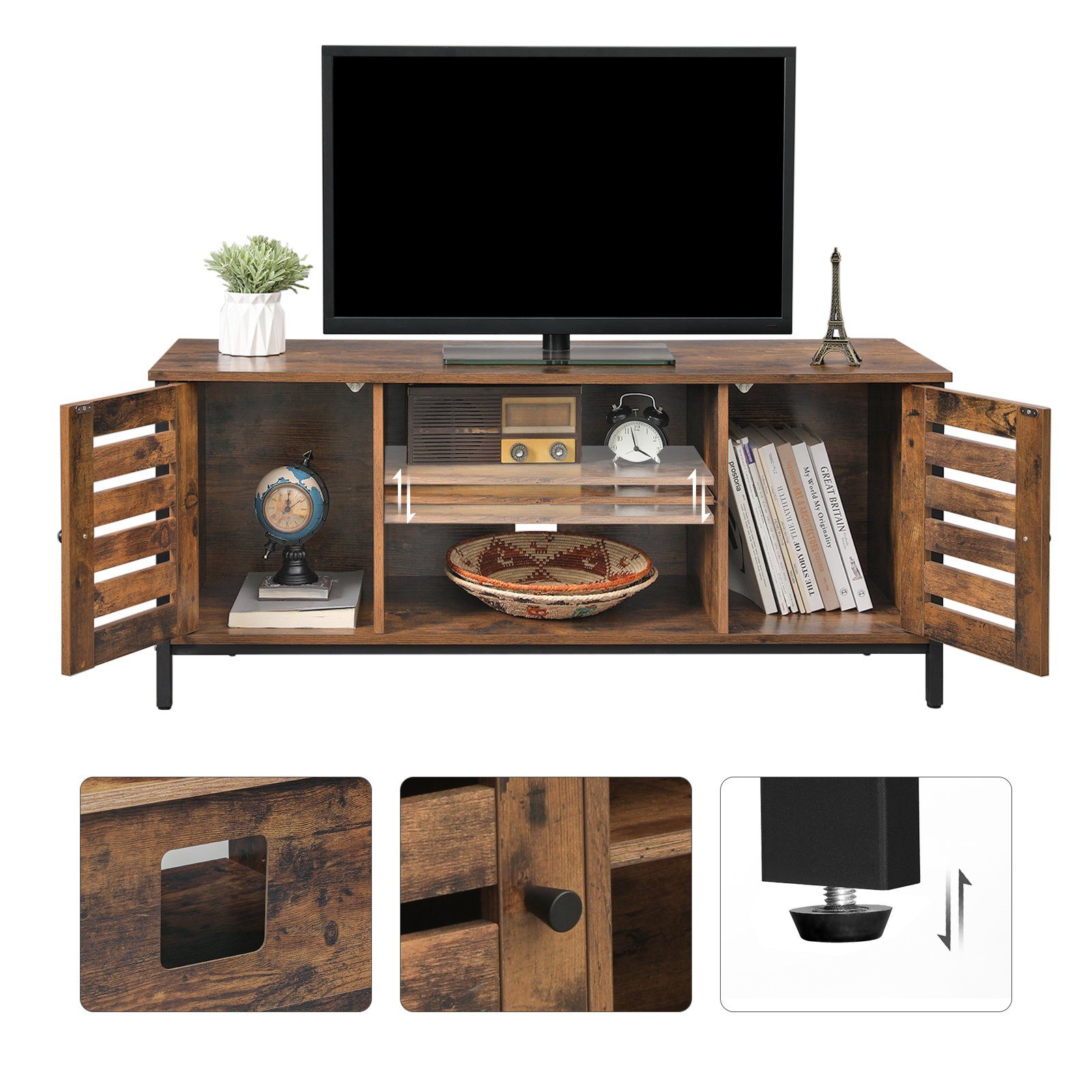 VASAGLE Lowboard TV-Schrank Fernsehtisch mit 2 Schränken und 2 Regalebenen, Wohnzimmer, Industrie-Design, Lowboard, Lamellentüren – Bild 4 von 5
