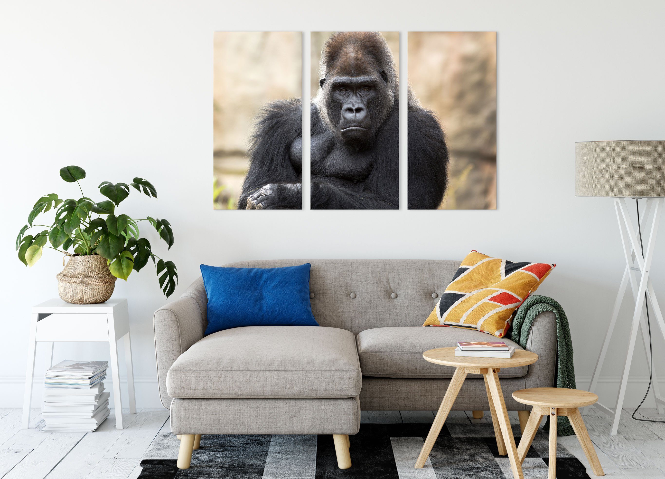 Pixxprint Leinwandbild inkl. Leinwandbild Gorilla, bespannt, (1 fertig gelangweilter Gorilla St), 3Teiler gelangweilter (120x80cm) Zackenaufhänger