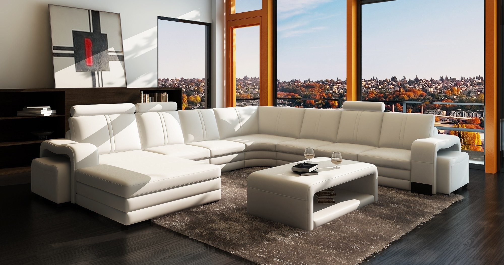 Ecksofa Moderne Wohnlandschaft in Weiß mit schwarzen Holzfüßen