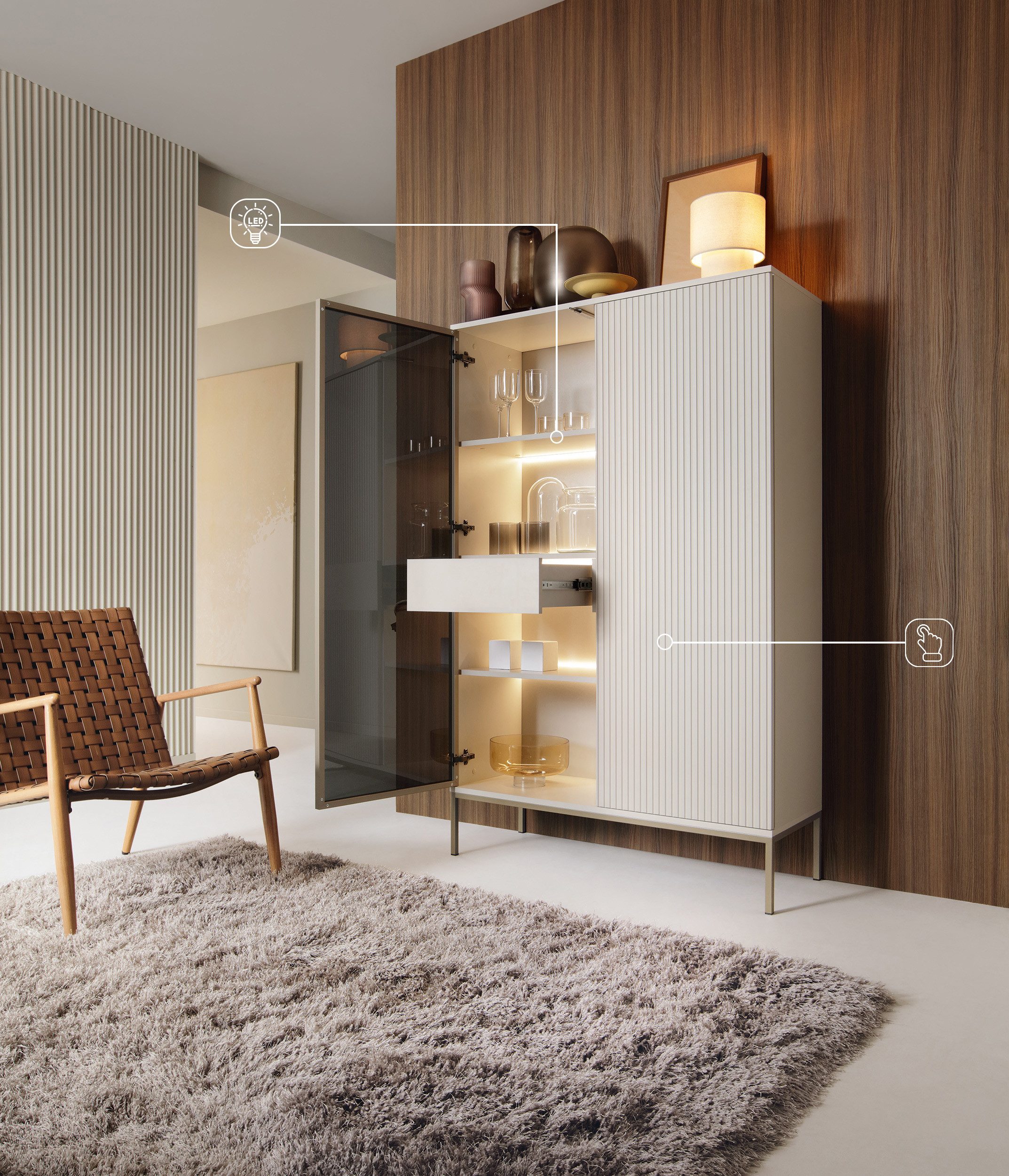 Goldstoff Vitrine LED, Glasfront, Schublade, kaschmir, günstig online kaufen