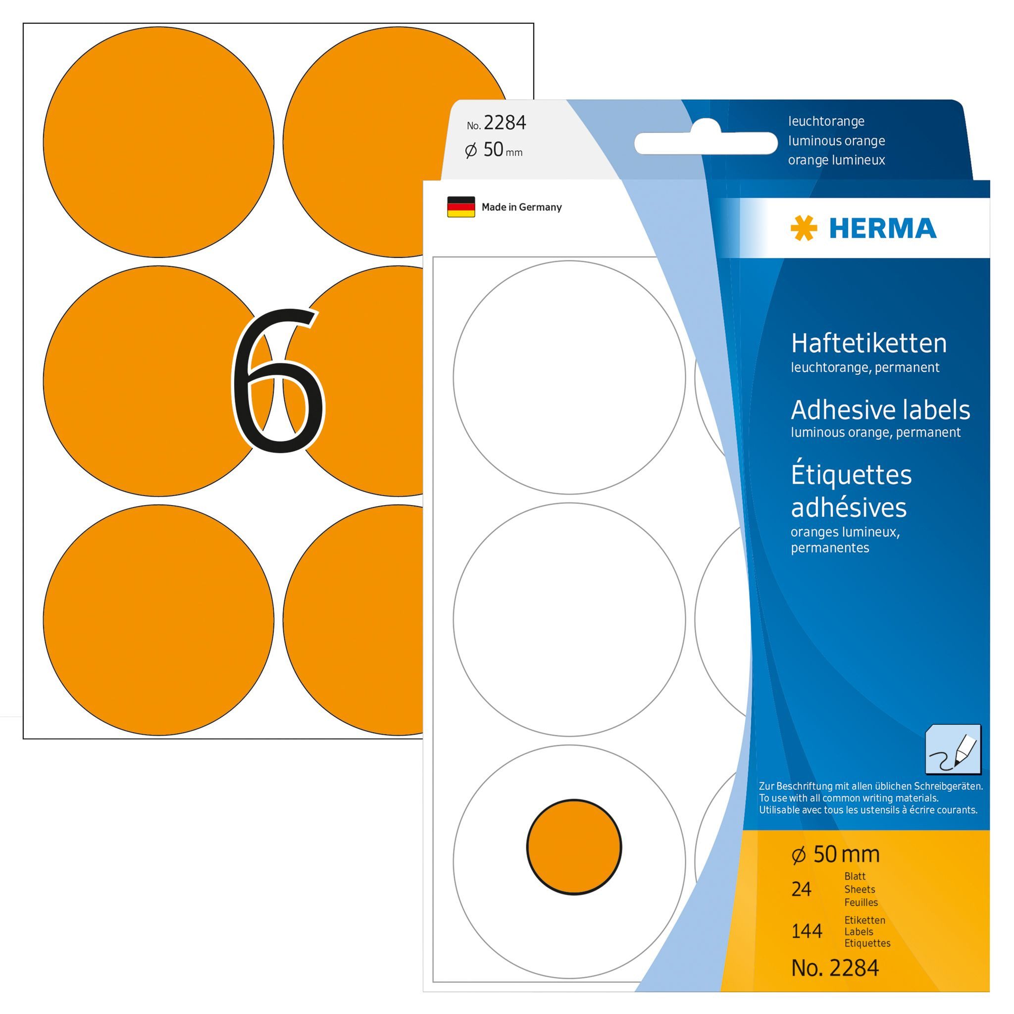 Moderationskoffer Herma Farbpunkte permanent haftend Ø 50 mm leuchtorange 144 Etik.