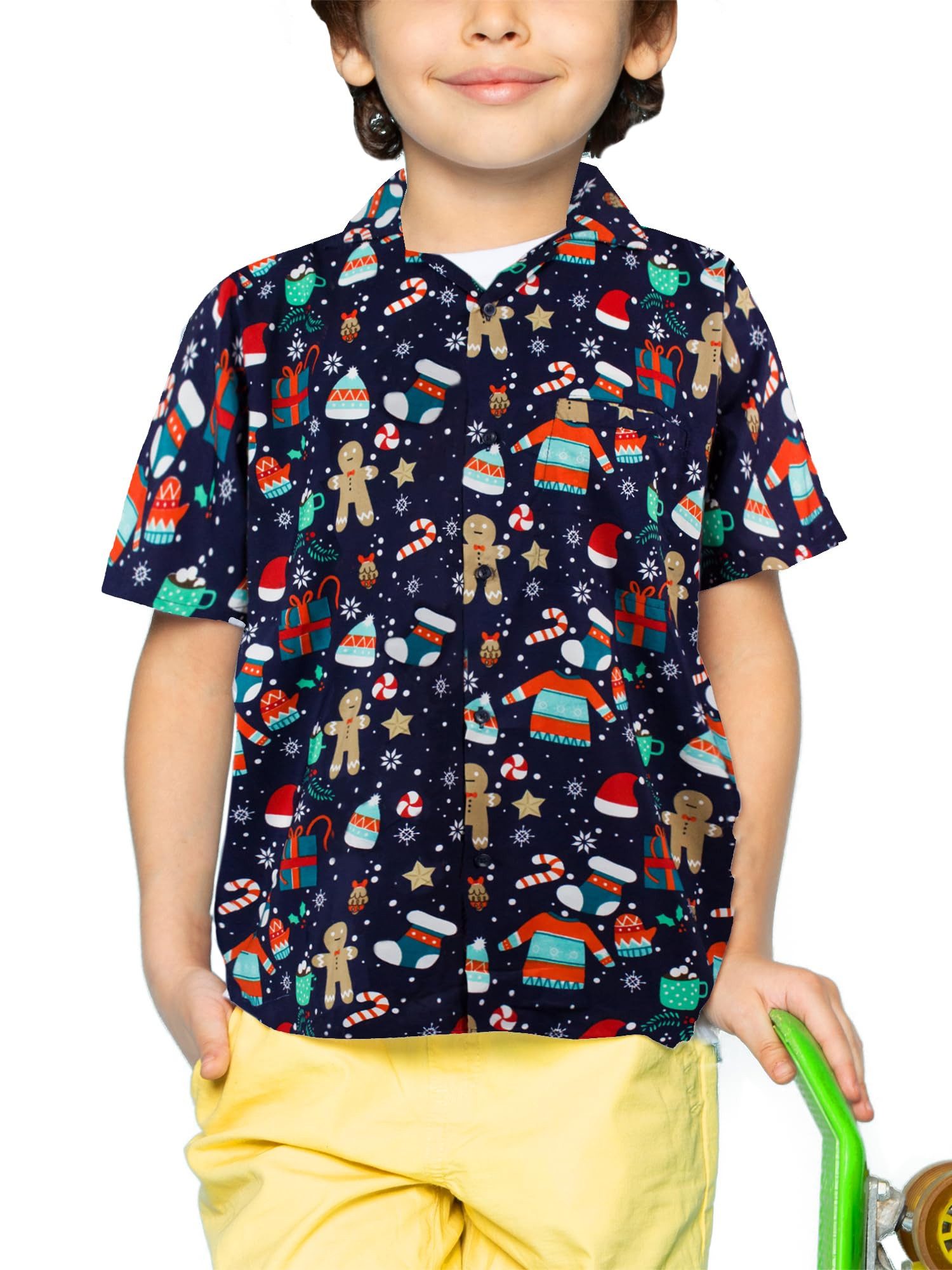 King Kameha Hawaiihemd Christmas Gingerbread Kids Hawaii-Hemd Kinder Kurzarm Front-Tasche