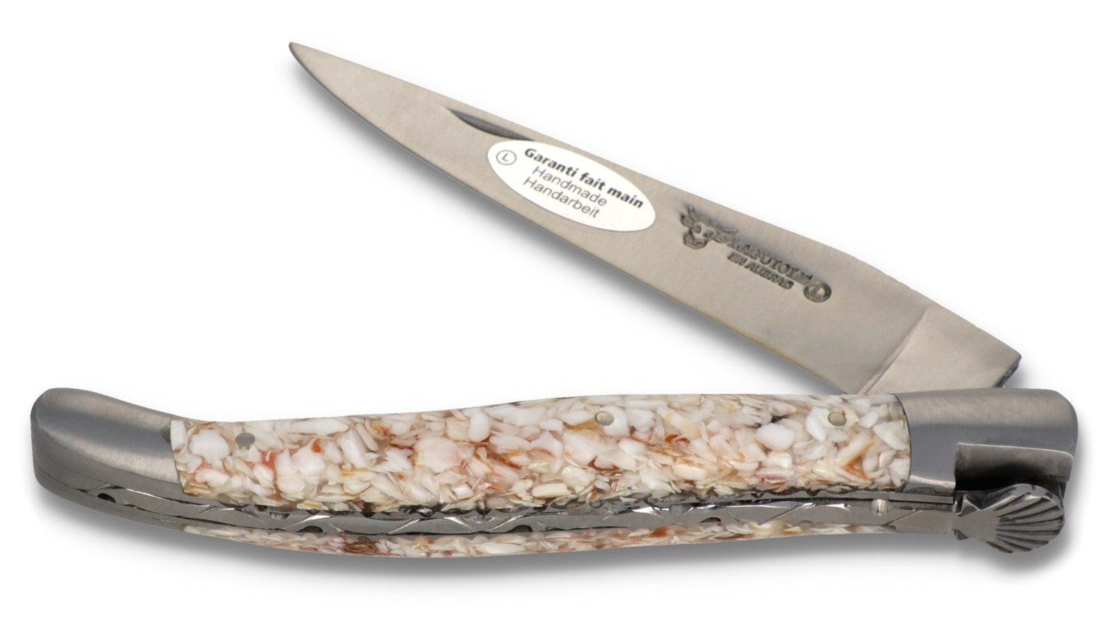Laguiole en Aubrac Taschenmesser L0212CQCH-CSB1, Pilgermesser - Griff 12cm Jakobsmuschel - Verzierte Platine