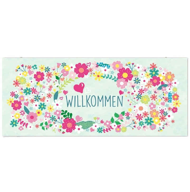 Linoows Metallschild Blechschild "Willkommen" mit bunten Blumen13x31 cm, Reklameschild Le Bain, Badezimmer Schild mit Rosen 30x30 cm