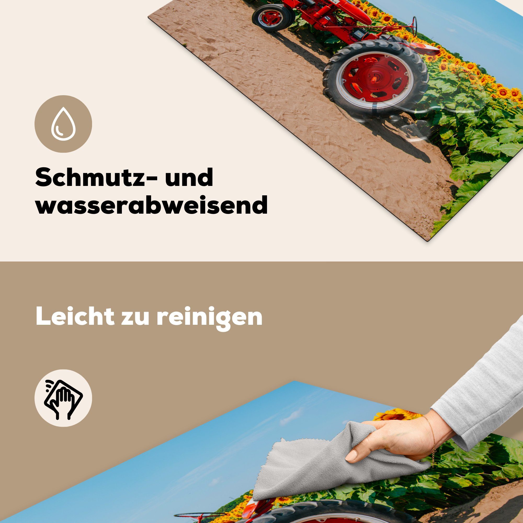 MuchoWow Herdblende-/Abdeckplatte Traktor Blumen, Sonnenblume - die Induktionskochfeld Vinyl, - Ceranfeldabdeckung für (1 Bauernhof küche, 81x52 Schutz tlg), - cm, - Rot