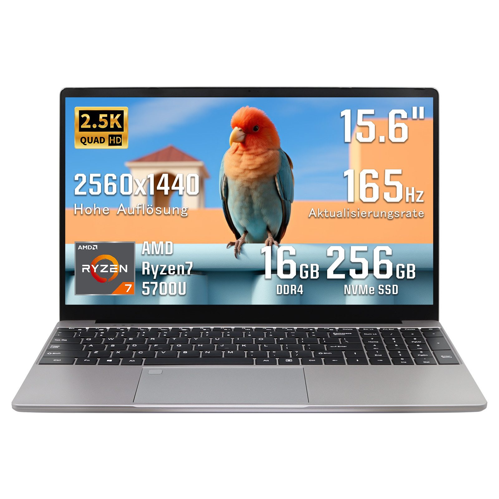 LONGEVINCE 15.6" 2.5K Laptop, Ryzen 7 5700U, 16GB RAM, 512GB SSD, Fingerabdruck Notebook (Intel, 512 GB SSD, 6000 mAh Akku, ideal für Gaming und Büro, grau)
