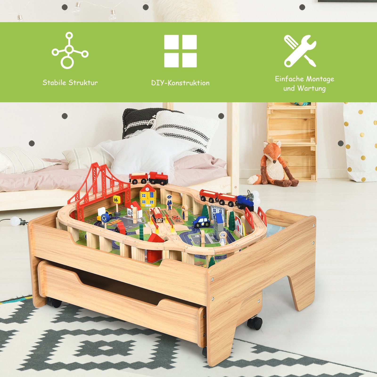 COSTWAY Spielzeug-Eisenbahn Holzeisenbahn, 100 tlg. mit Schublade & Rädern günstig online kaufen