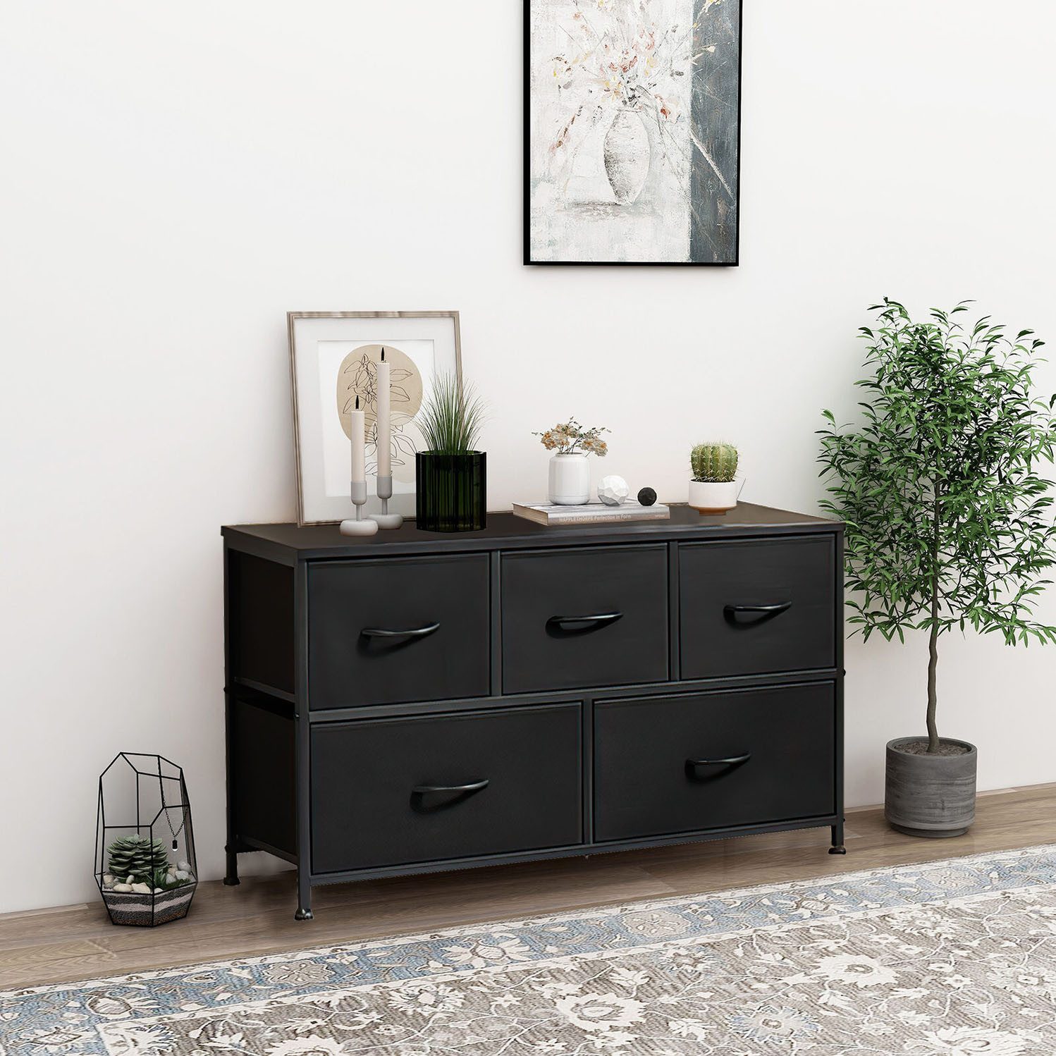 Refined Living Kommode Schubkastenkommode mit 5 Schubladen Stoffkommode stabilem Stahlrahmen (Sideboards mit Holzplatte und leicht zu ziehendem Griff für Schränke, Große Kapazität, Aufbewahrung von Kinder- und Erwachsenenkleidung), wasserdicht Geeignet für Wohnzimmer, Kinderzimmer, Flur, Schlafzimmer