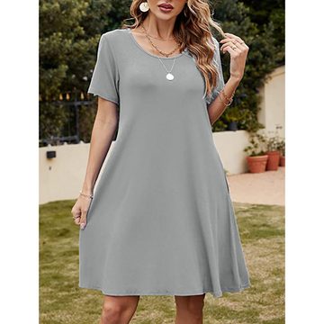 Lubgitsr Jerseykleid Kleid Kurzarm MiniKleid Sommerkleid für Damen Kleider Rundhals, grau
