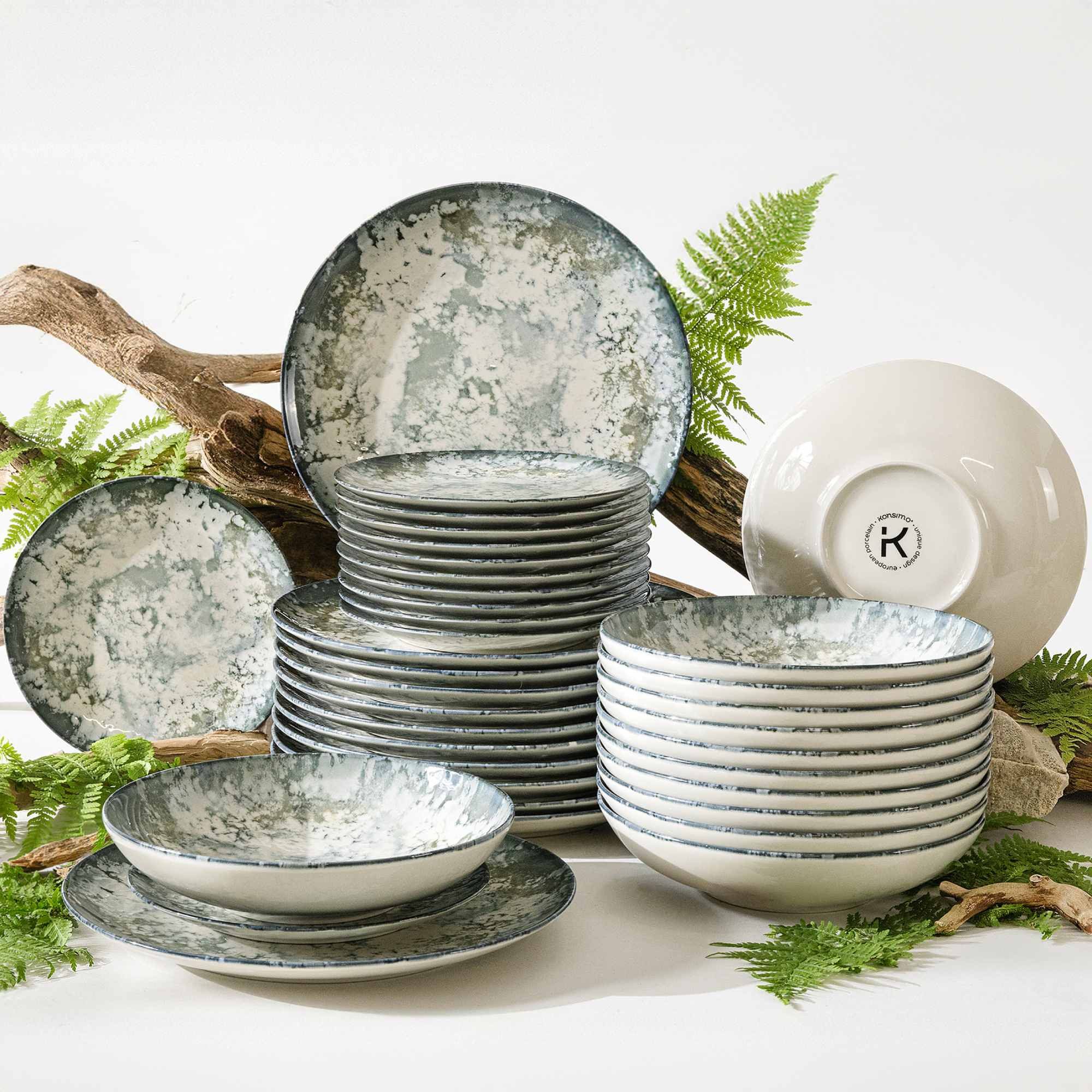 KONSIMO® Tafelservice FINGO Geschirr-Set, hergestellt in der EU, (36-tlg), 12 Personen, Porzellan, spülmaschinengeeignet, mikrowellengeeignet, Rundform, Hartporzellan