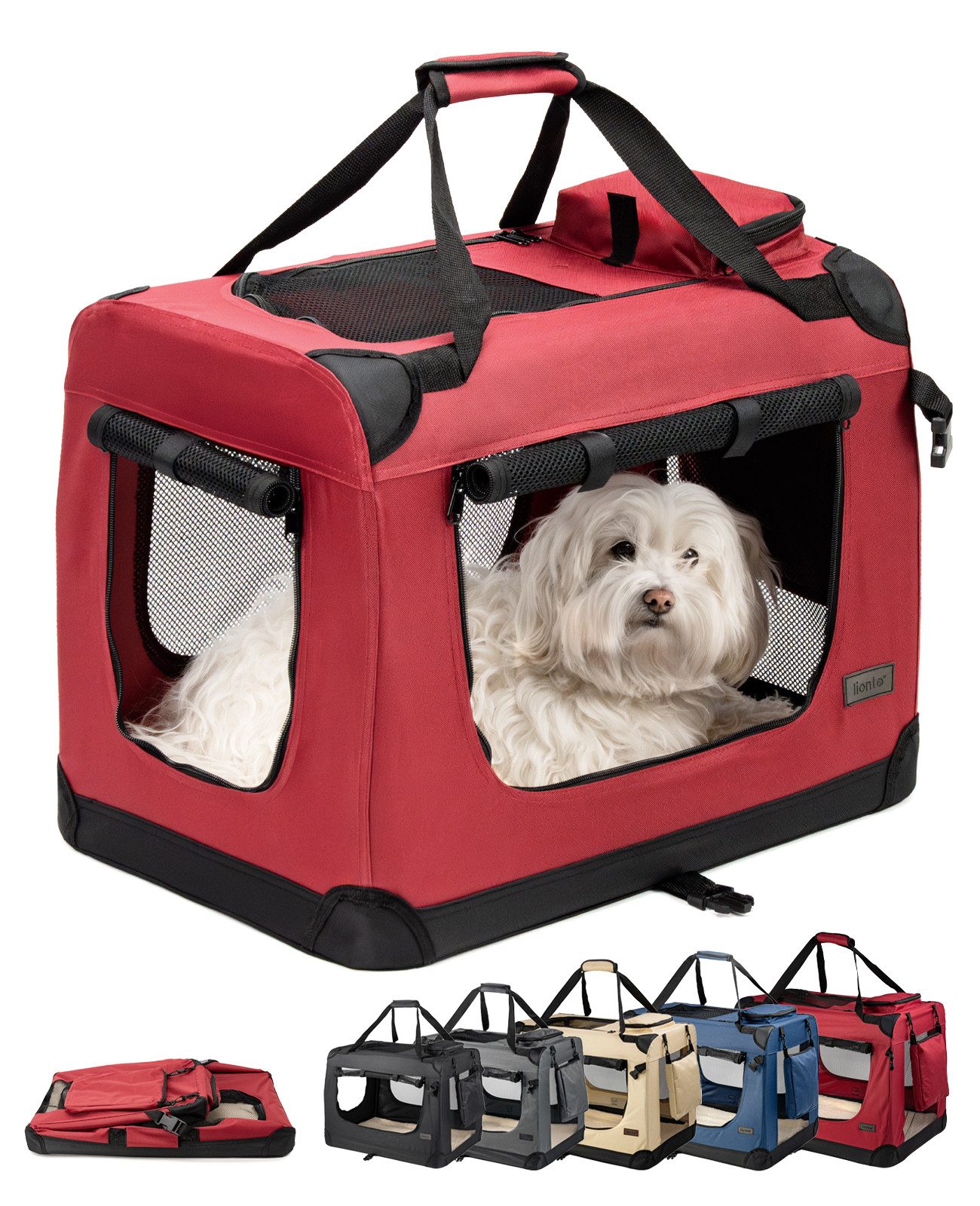 lionto Tiertransportbox stabil aus Textil, für Hunde und Katzen bis 12 kg, 60x42x44 cm, dunkelrot