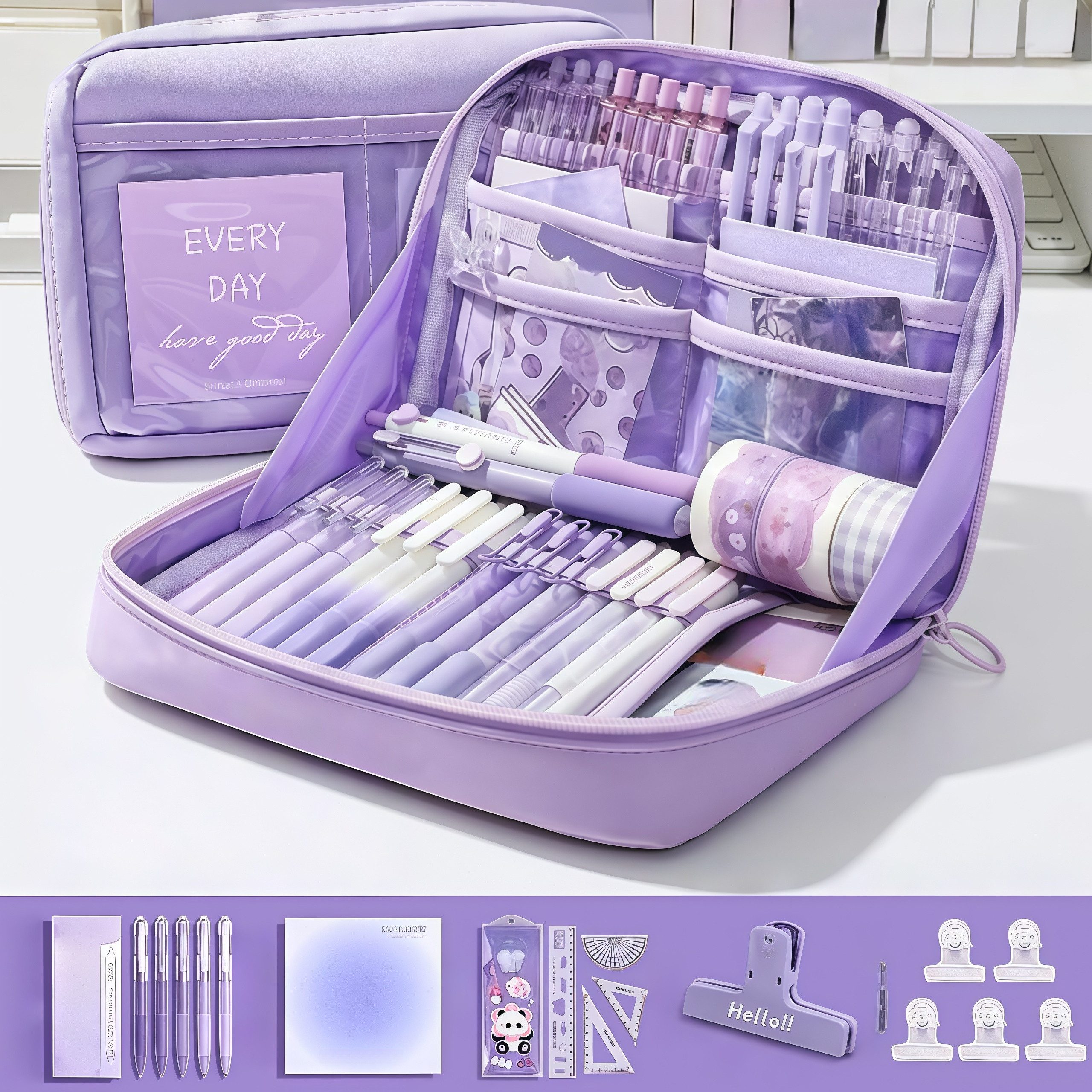 FOUORTUNATE-BEE Federmäppchen 12-teiliges lila Schreibwaren-Set – ideales Geschenk zum Schulstart, Lernset für Schule und Büro – komplette Ausstattung für den Alltag