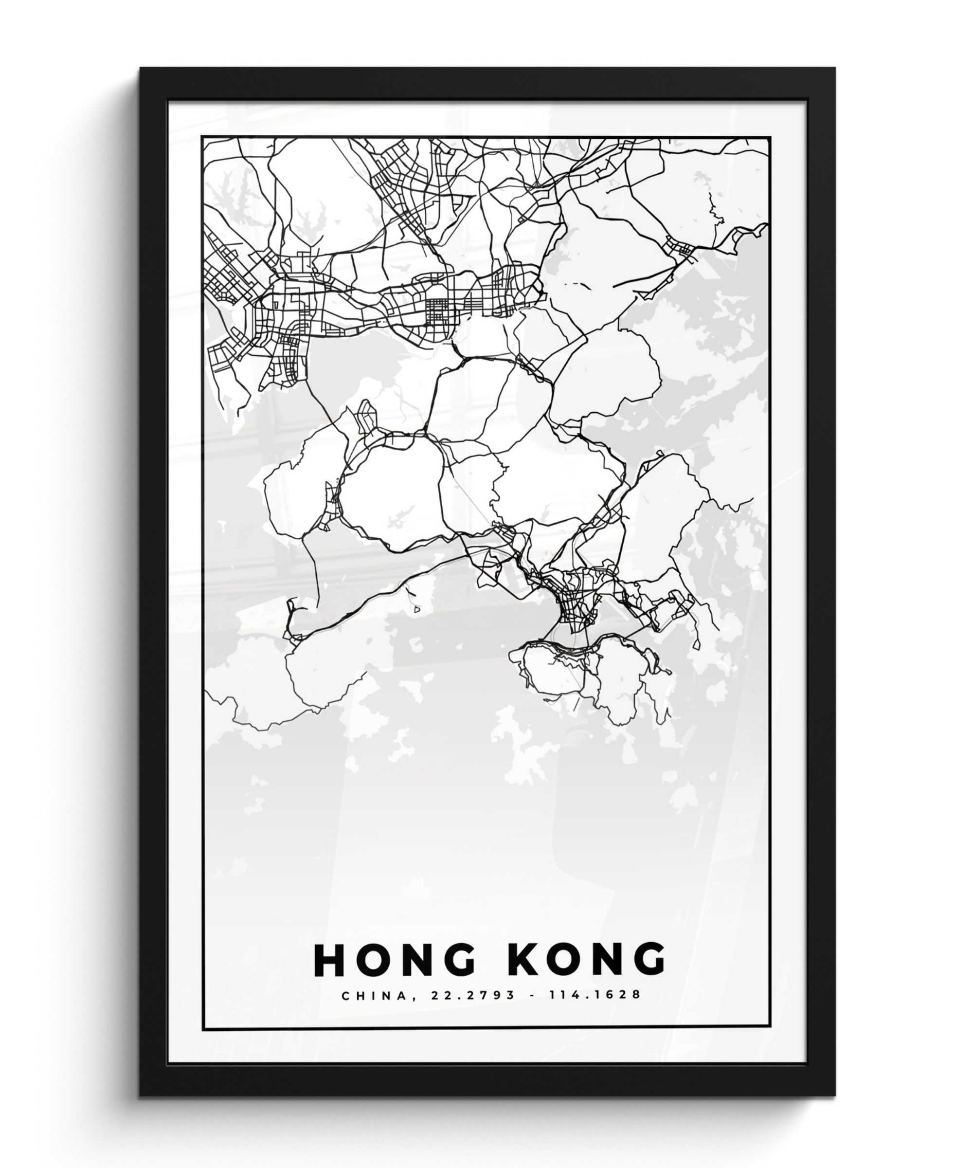 Poster Karte - Hongkong - Schwarz-weiß - Stadtplan - Routenbeschreibung