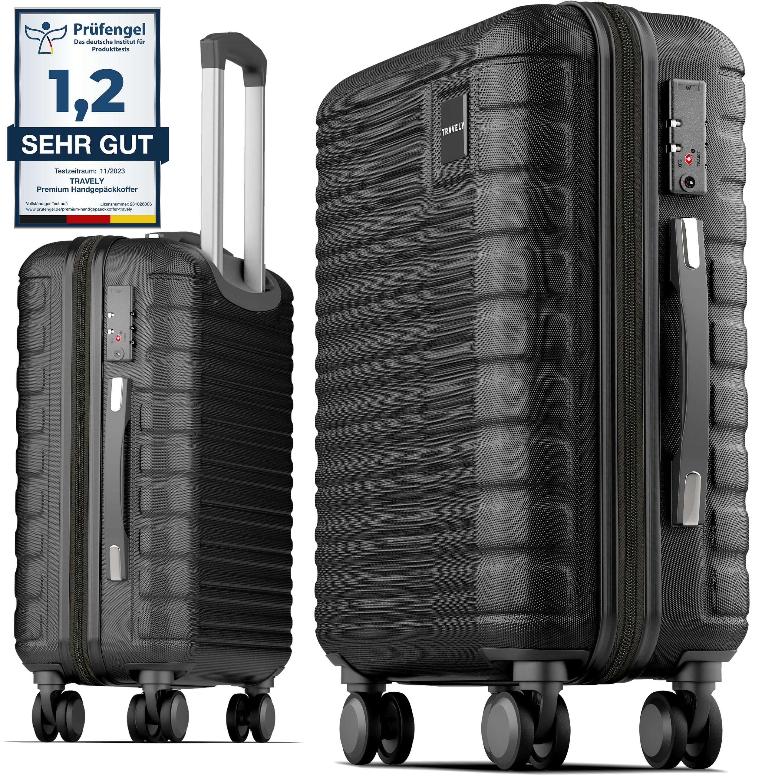 Travely Koffer Polycarbonat Handgepäck Koffer 55x40x20cm - für Ryanair Lufthansa etc, 4 Rollen