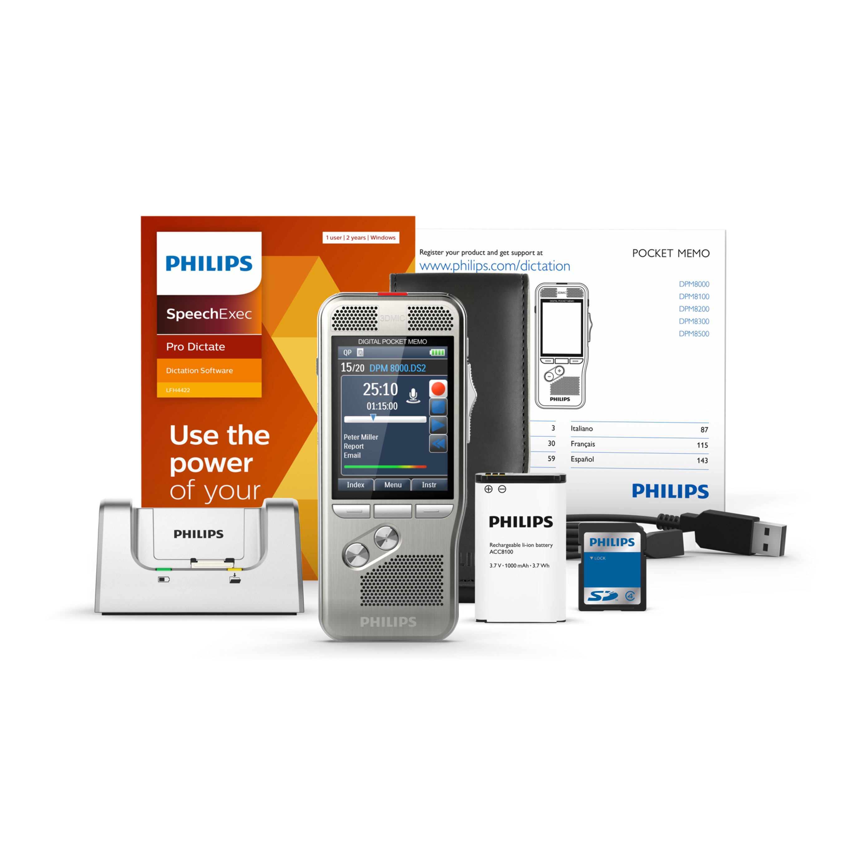 Philips DPM8200 Digitales Diktiergerät (PocketMemo-Set Diktiergerät, Schiebeschalter, SpeechExec Pro Dictate)
