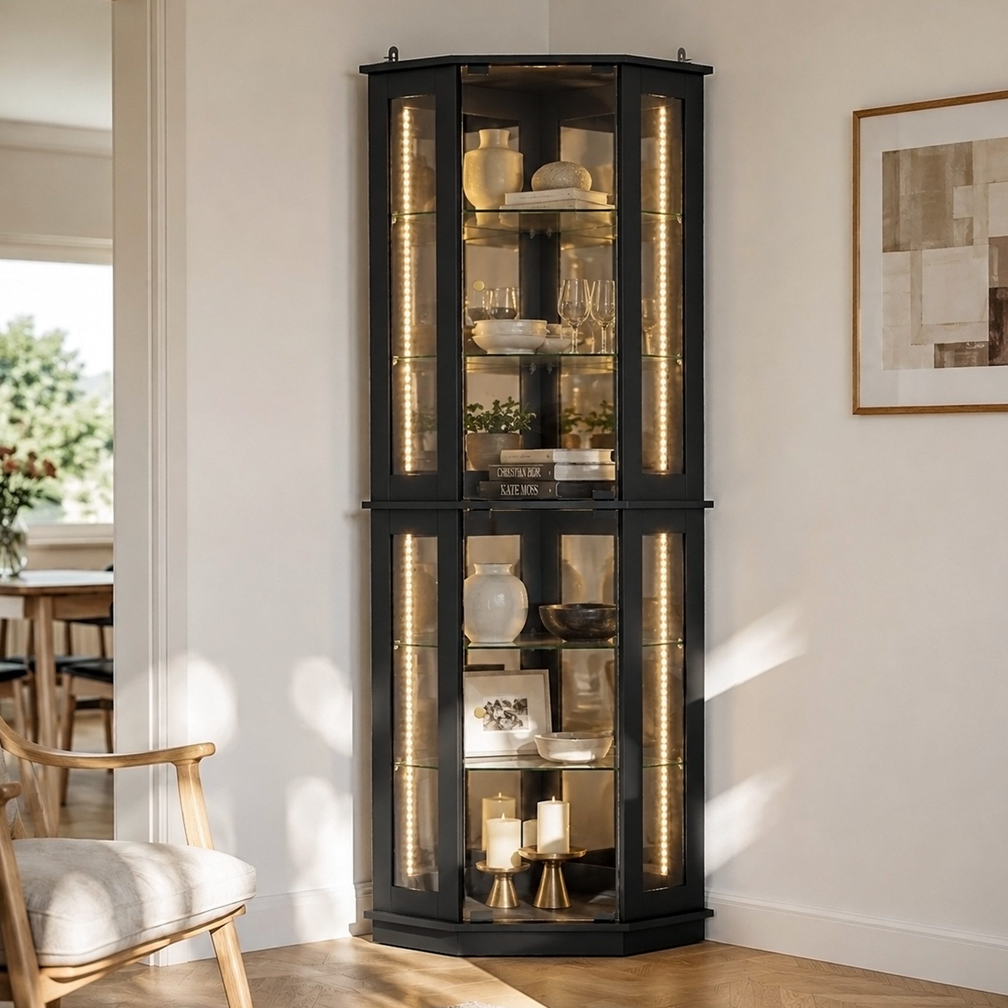 FUFU&GAGA Eckvitrine 170cm mit LED-Beleuchtung und Spiegel-Rückwand Glasvitrine, Schwarz