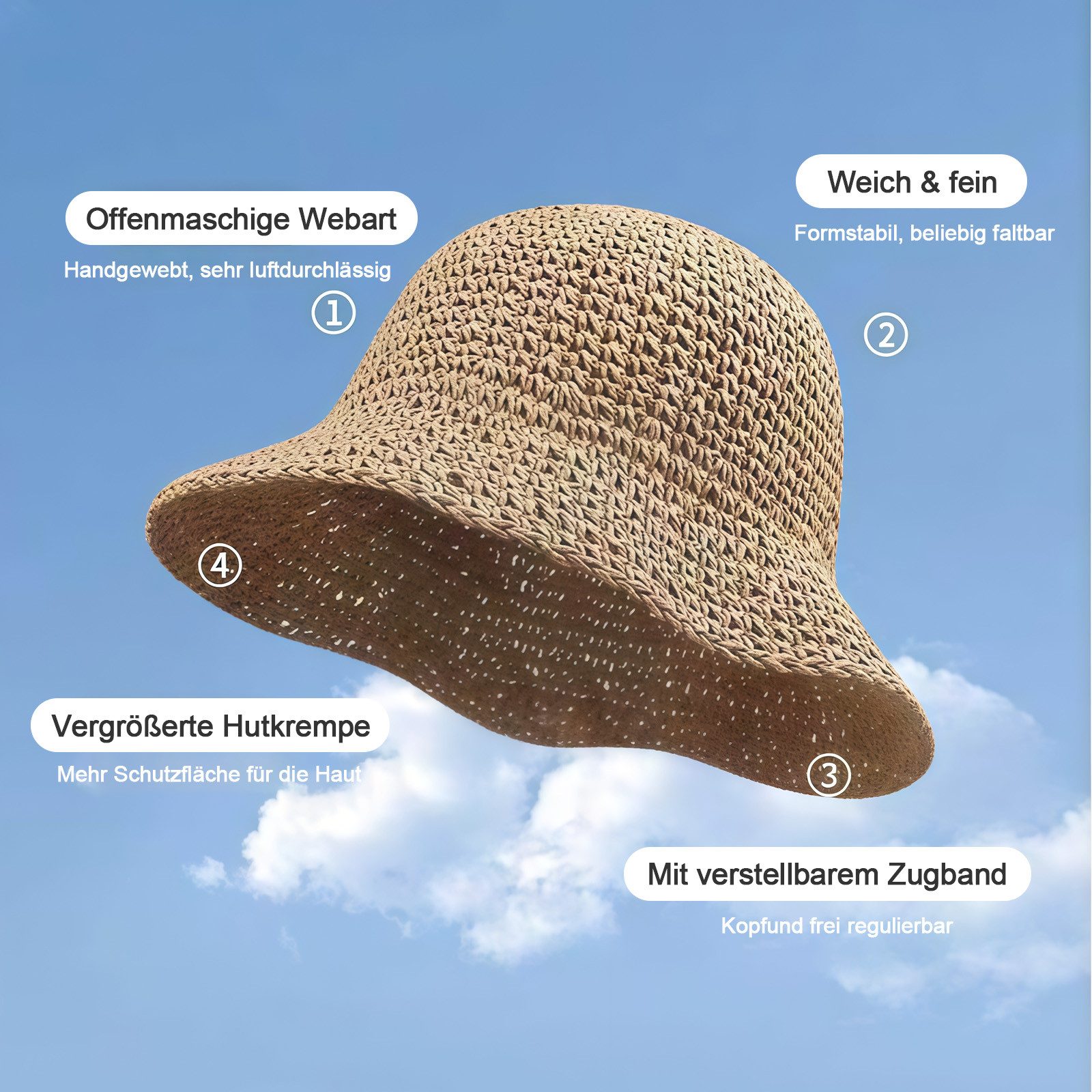 MOPUEA Strohhut Damen Strohhut Sonnenhut Faltbar Breite Krempe Sommer Verstellbarer (Damen Sonnenhut Aus Papierstroh Mit Breiter Krempe, Faltbarer Strohhut Mit Verstellbarer Passform) Atmungsaktiv Formbare Krempe Faltbar Und Leicht Tragbar