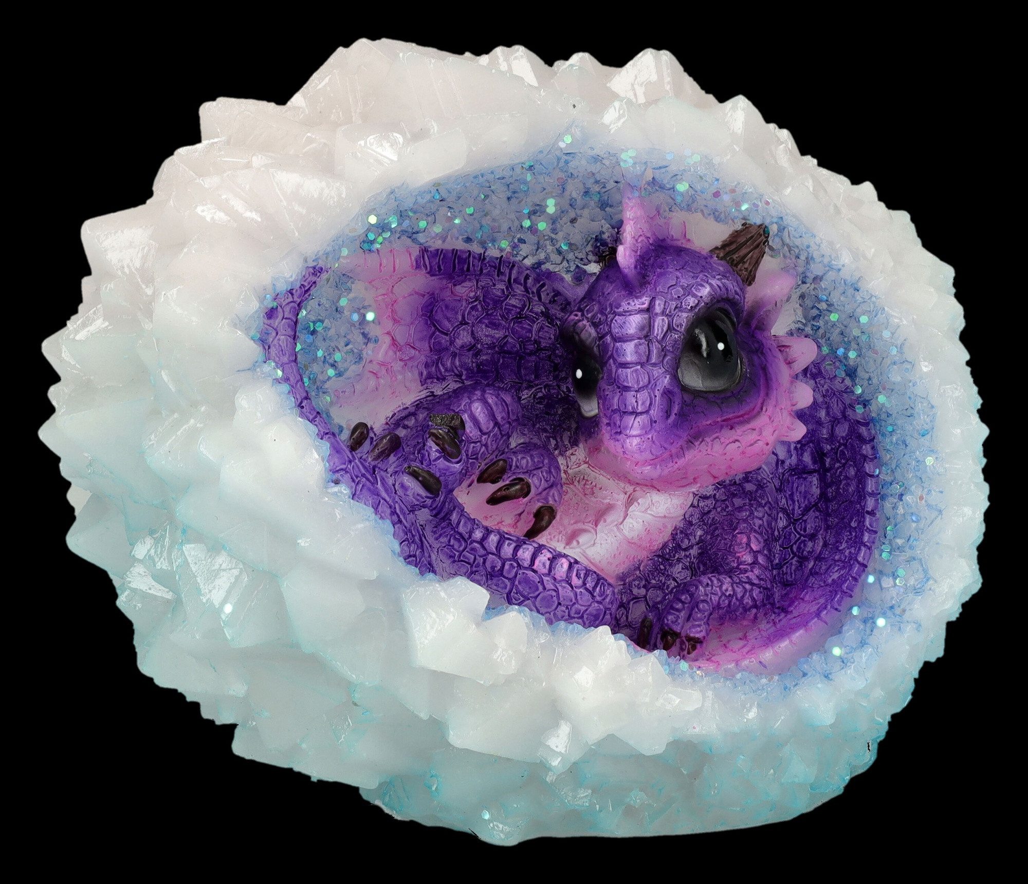 Figuren Shop GmbH Fantasy-Figur Drachenfigur lila mit Kristall - Geode Nest - Drache Dekoration Figur