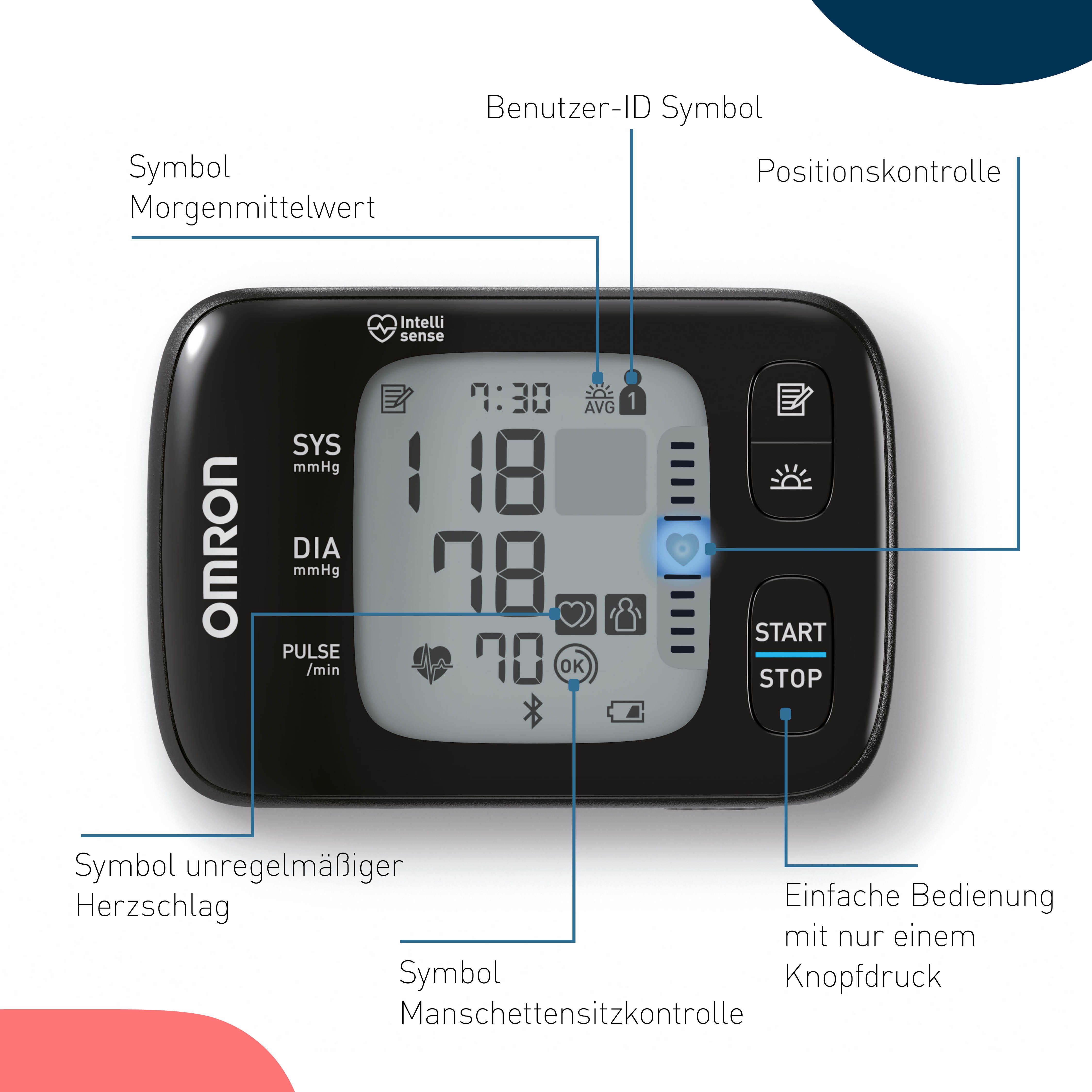 Omron Handgelenk-Blutdruckmessgerät OMRON RS7 Intelli IT, lautlose Messung, mit kostenloser App, 2 Nutzer, klinisch validiert – auch bei Übergewicht, mit Positionierungssensor