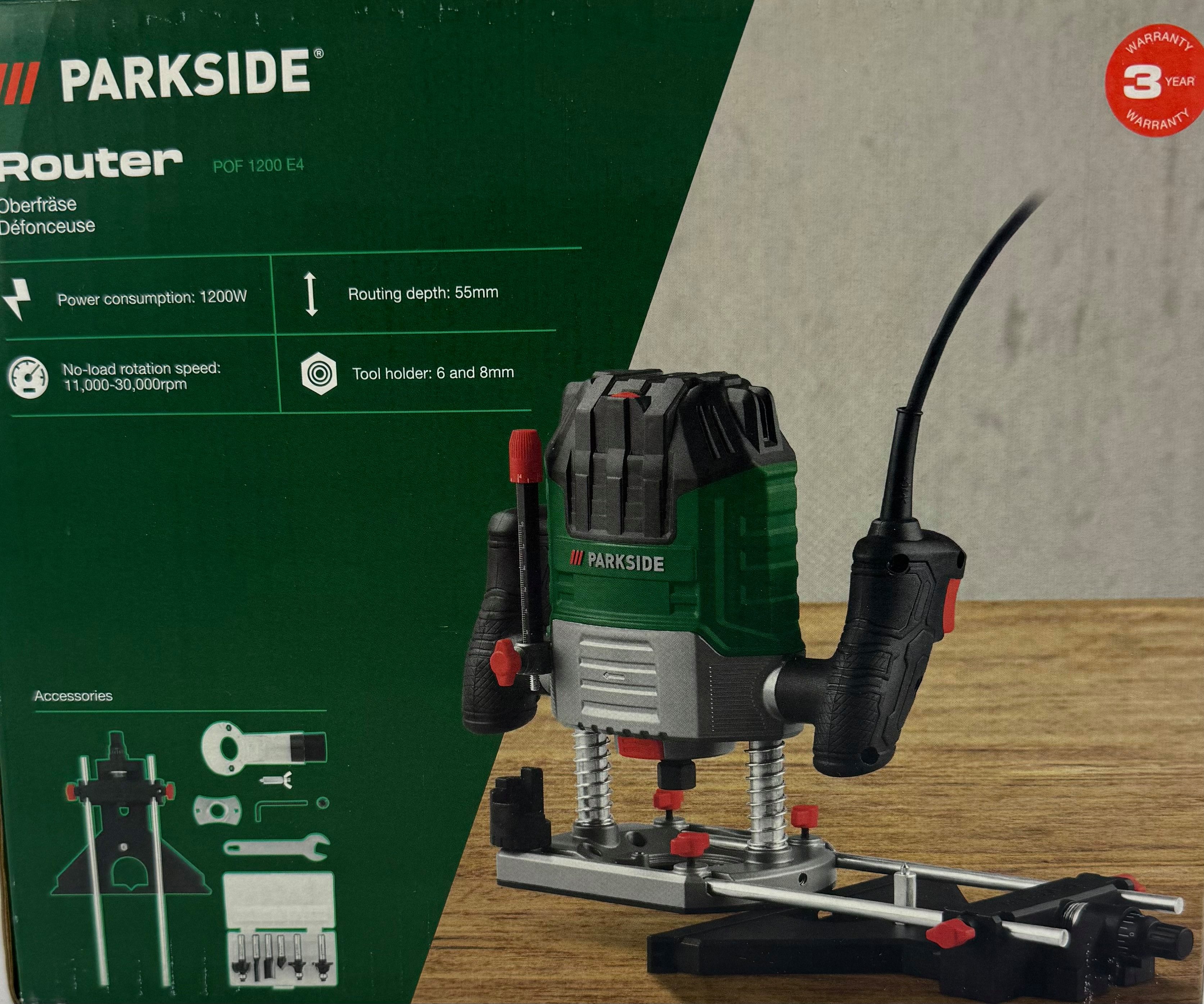 Parkside Oberfräse Set POF 1200 E4, mit 6 Fräsbits, Fräse, 1200W, Fräsmaschine elektrisch, Einfacher Werkzeugwechsel durch integrierte Spindelarretierung