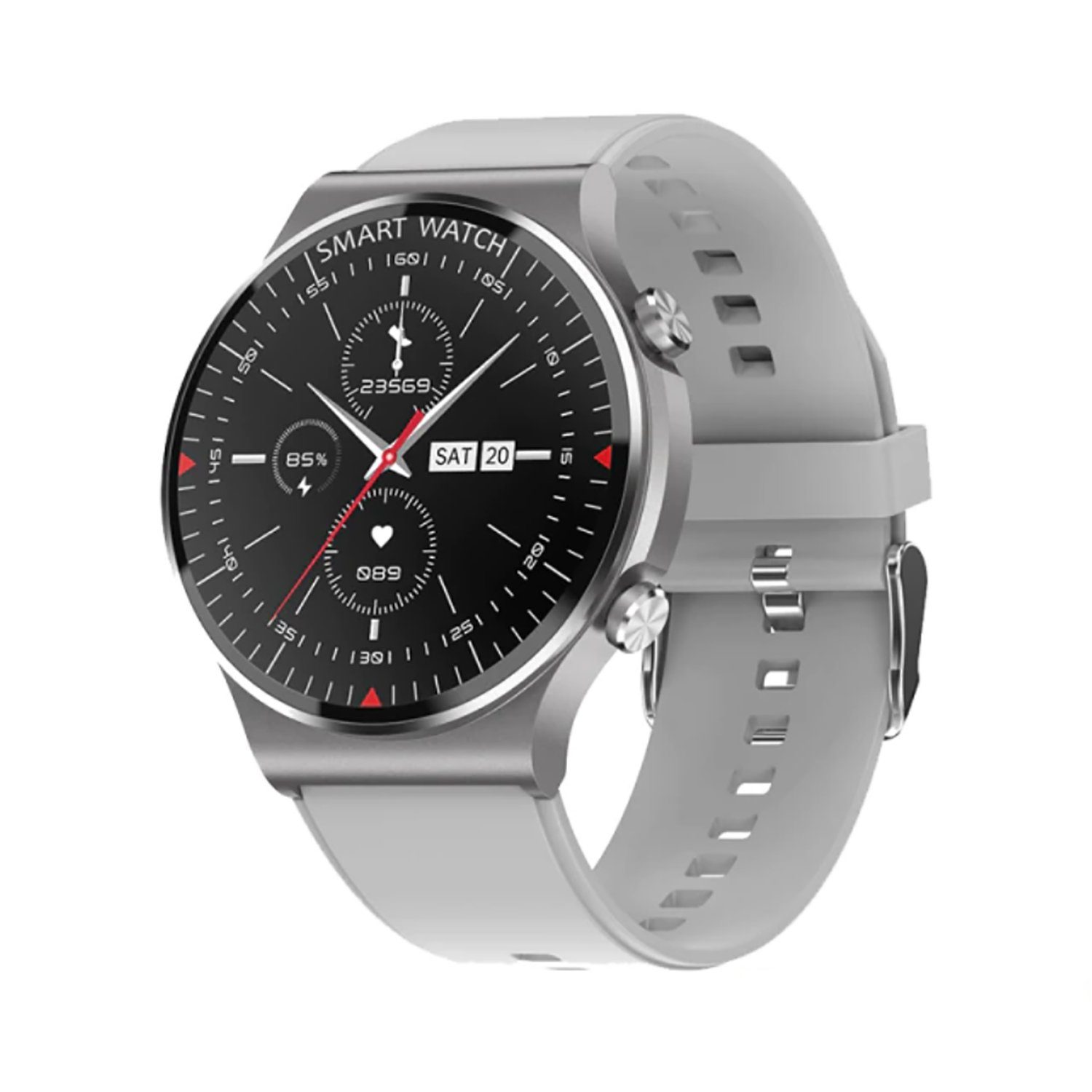 TPFNet SW20 mit Silikon Armband - individuelles Display Smartwatch (Android), EKG Armbanduhr mit Musiksteuerung, Herzfrequenz, Schrittzähler, Kalorien, Social Media etc. - Grau